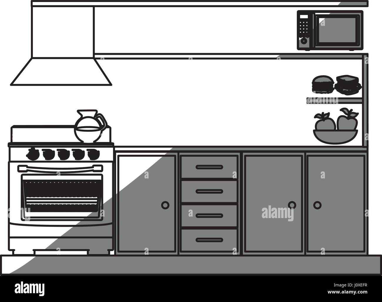 monochrome Silhouette der unteren Küchenschränke mit Herd und Backofen Stock Vektor