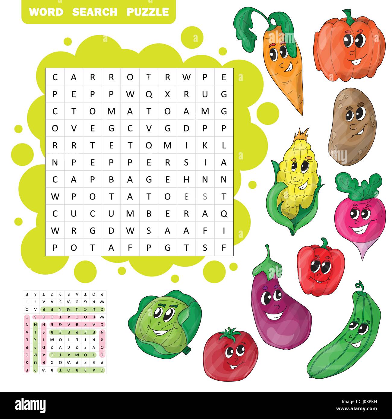 Vektor Farbe Kreuzworträtsel, Bildung, Spiel für Kinder über Gemüse. Wortsuchrätsel Stock Vektor