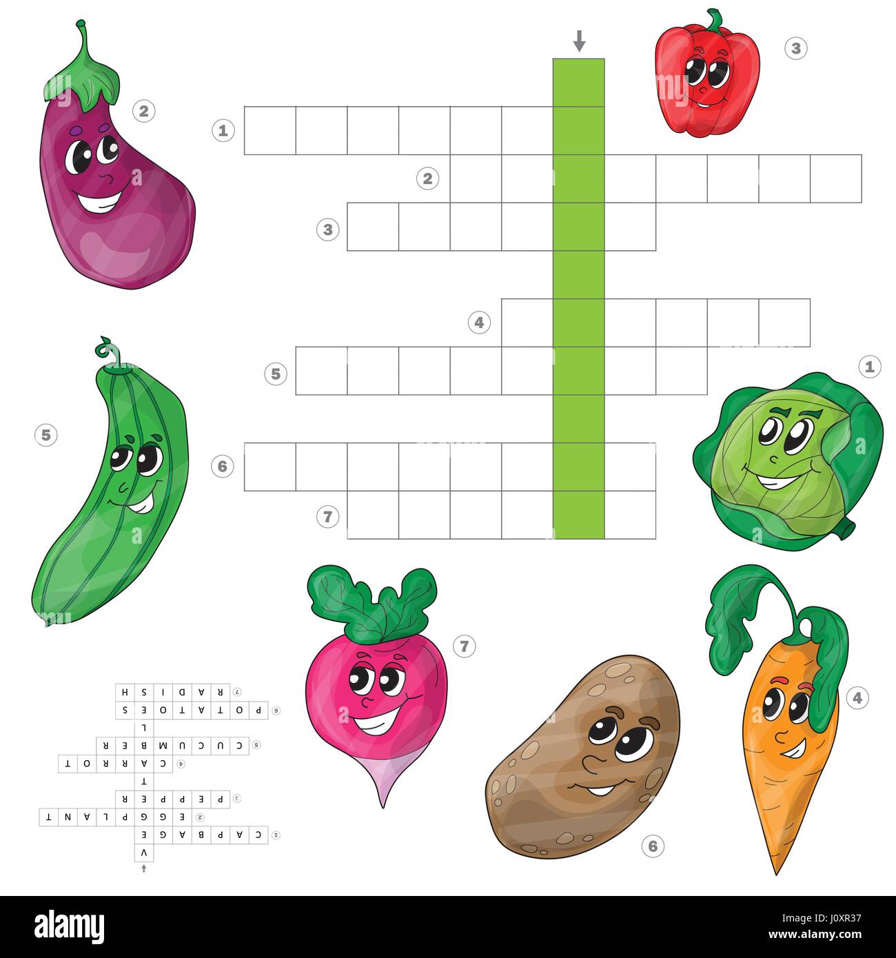 Vektor-Kreuzworträtsel, Spiel für Kinder über Gemüse Stock Vektor