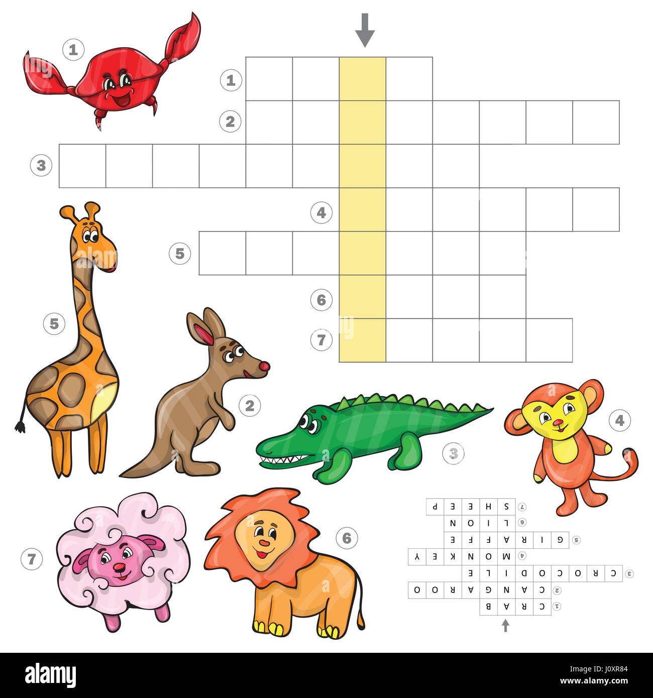 Cartoon-Kreuzworträtsel-Spiel mit niedlichen Cartoon afrikanische Tiere für Vorschul-Kinder Bildung. Vektor-illustration Stock Vektor