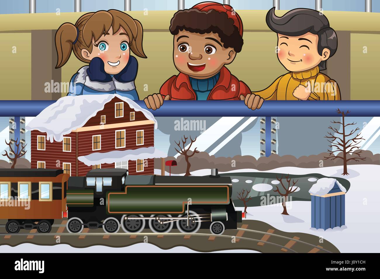 Eine Vektor-Illustration der glückliche Kinder betrachten Miniatur-Eisenbahn Stock Vektor