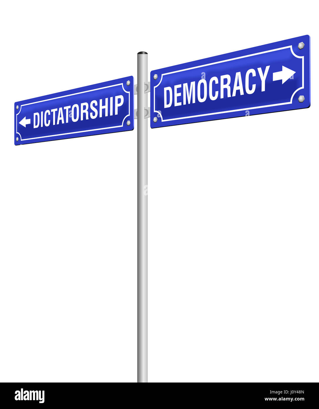Diktatur und Demokratie, geschrieben auf zwei Wegweiser in entgegengesetzte Richtungen. Isolierte Darstellung auf weißem Hintergrund. Stockfoto