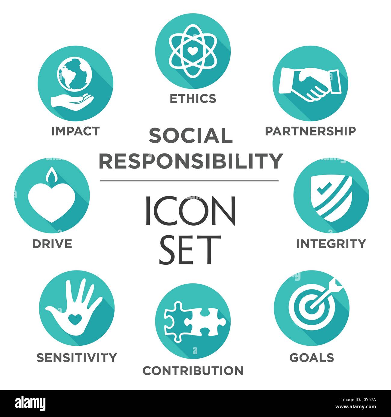 Soziale Verantwortung solide Icon Set mit Auswirkungen, Ethik, Partnerschaft, Auto usw. Stock Vektor