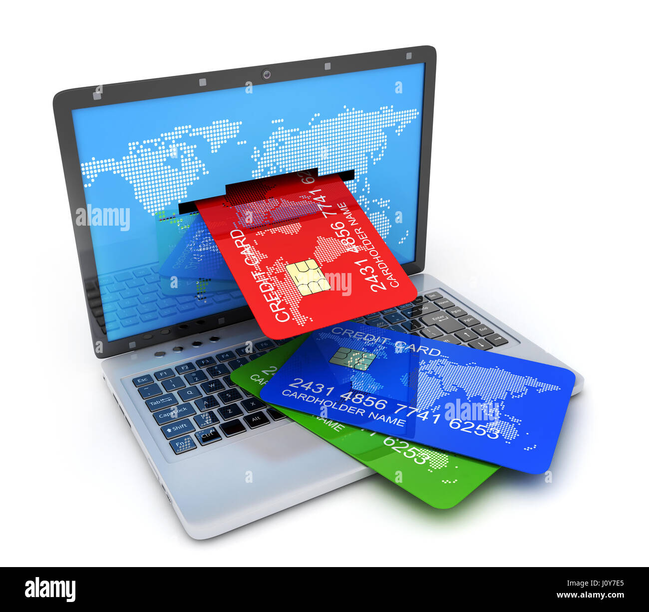 Laptop und Kreditkarte auf weißem Hintergrund. 3D illustration Stockfoto