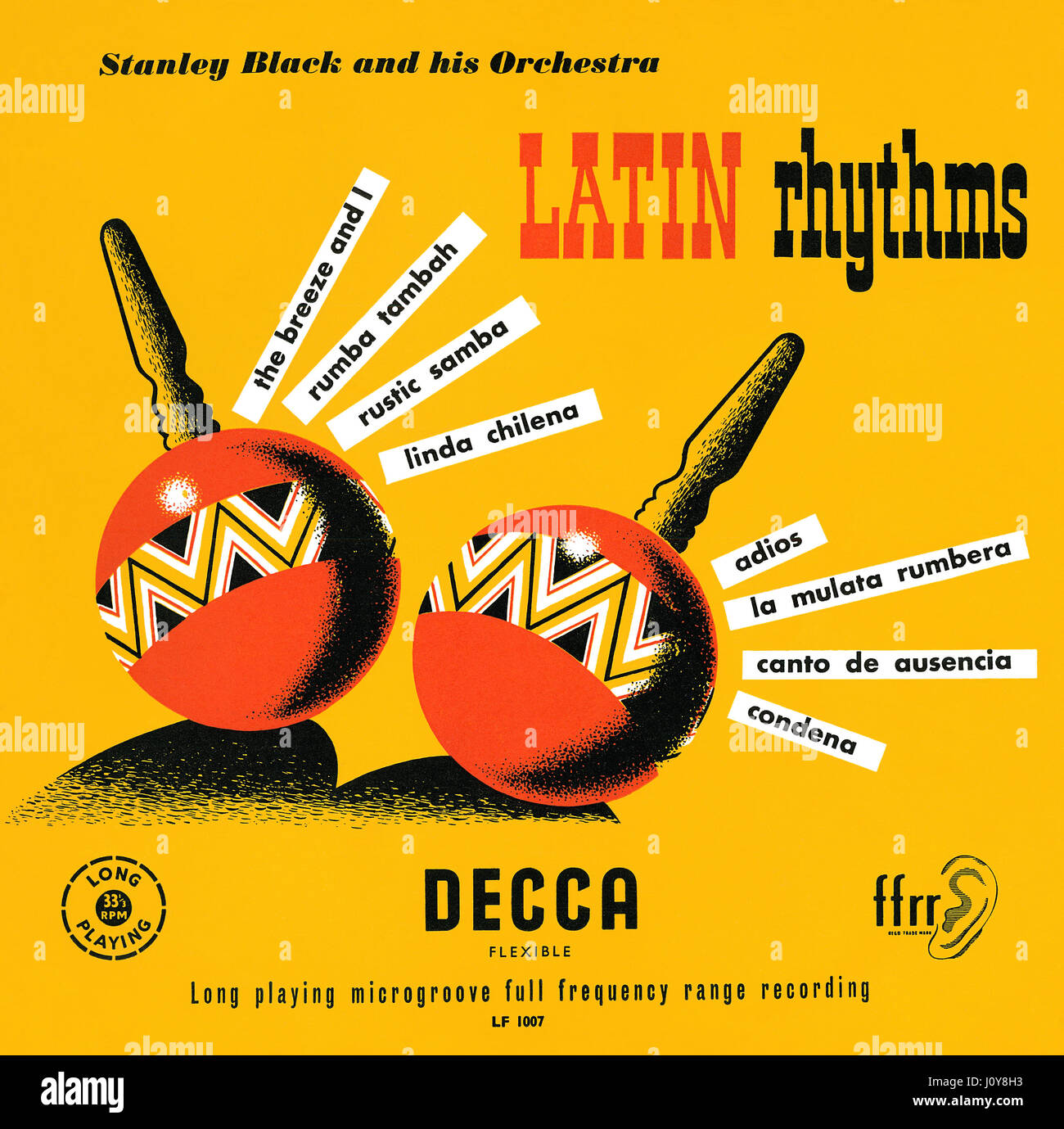 Titelseite der Plattencover für Stanley Black und seinem Orchester 10' LP Latin-Rhythmen. Dieses Vinyl Album wurde 1955 auf Decca Records veröffentlicht. Stockfoto