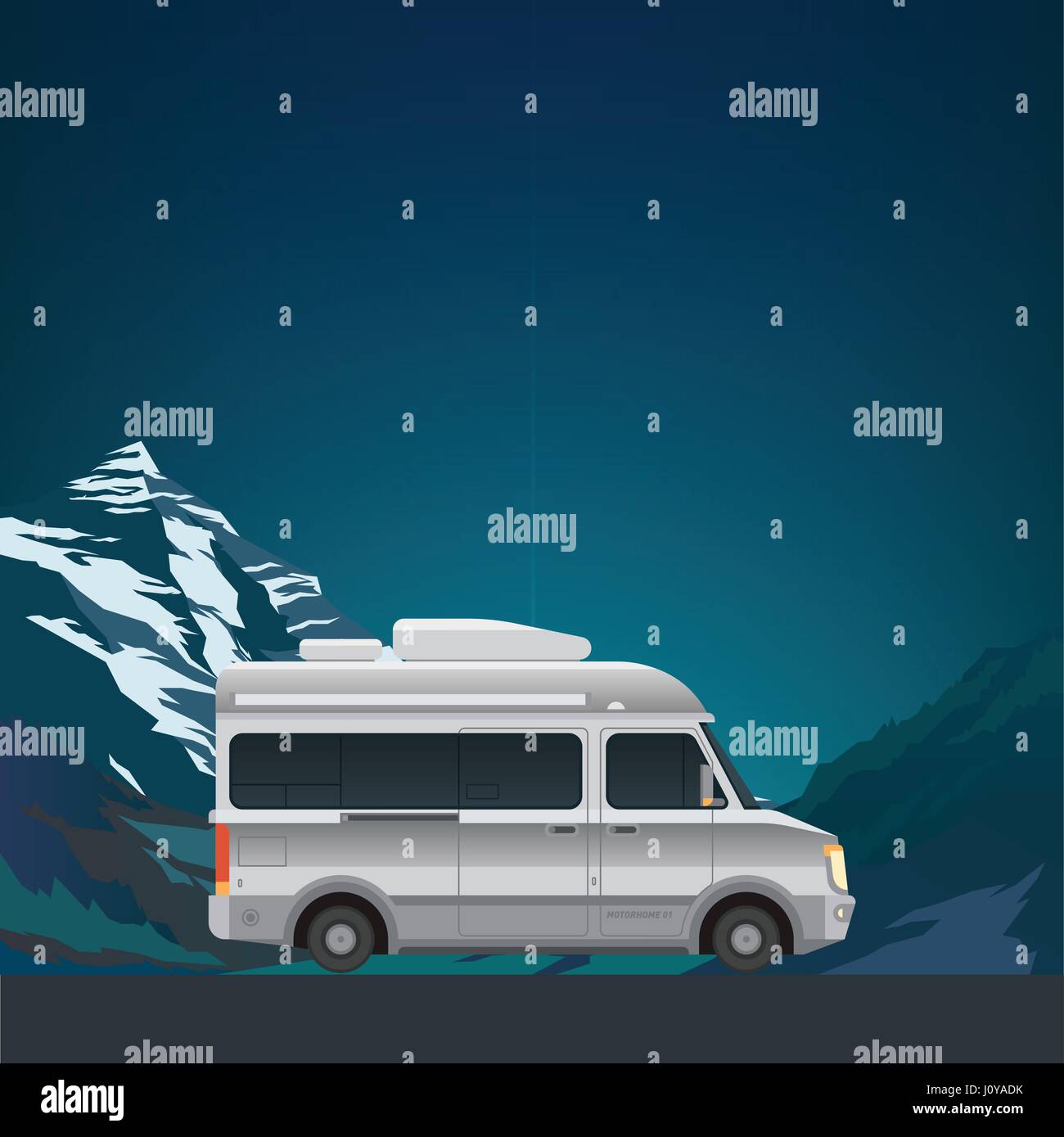 Schöne Berglandschaft mit modernen klein Camper van Wohnmobil. Neue Wohnung realistischen Stil. Poster oder Banner für Ihre Web-Design. Vektor-illu Stock Vektor