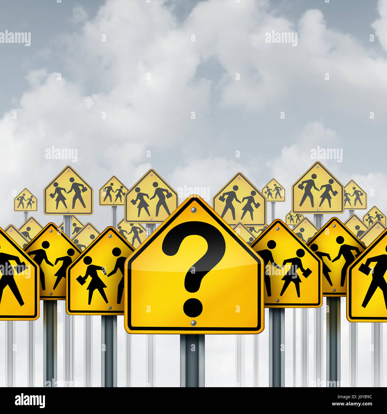 Schüler Fragen-Konzept als eine Gruppe von Verkehrszeichen mit Schule Kreuzung Ikonen und ein Fragezeichen als Bildung Krise Metapher. Stockfoto