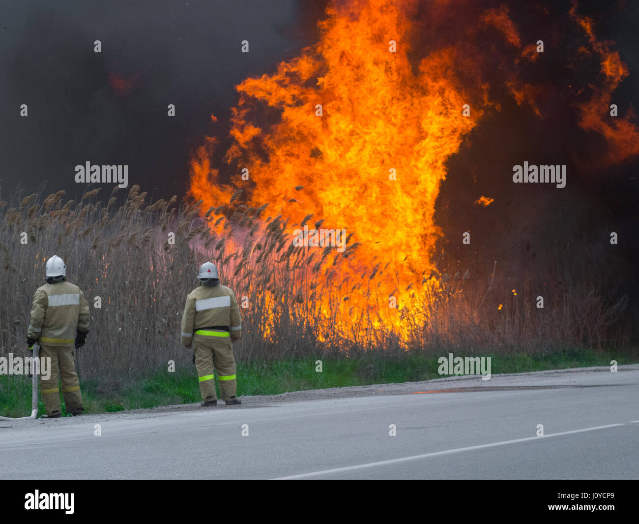 Die Feuerwehrleute sind in ein großes Feuer suchen Stockfoto