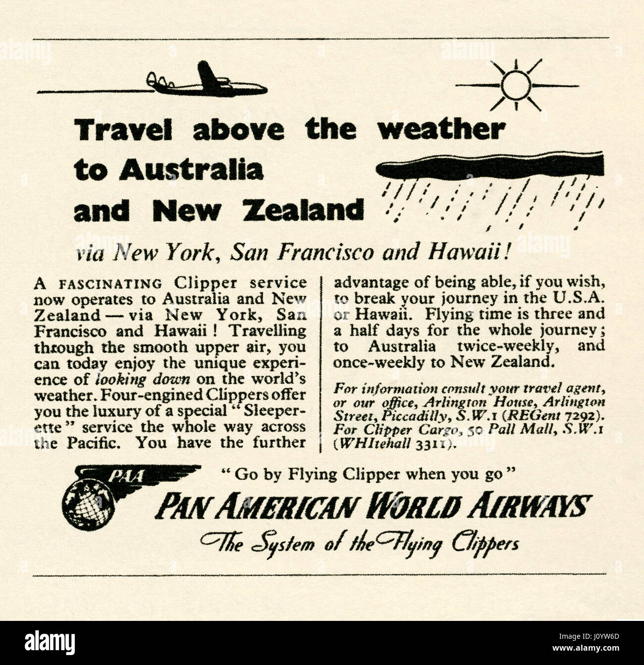 Eine Anzeige für Pan American World Airways (PanAm) für "Clipper Service" Flüge nach Australien und Neuseeland über die USA. Es erschien in einer Zeitschrift veröffentlicht in Großbritannien im Jahre 1948 Stockfoto