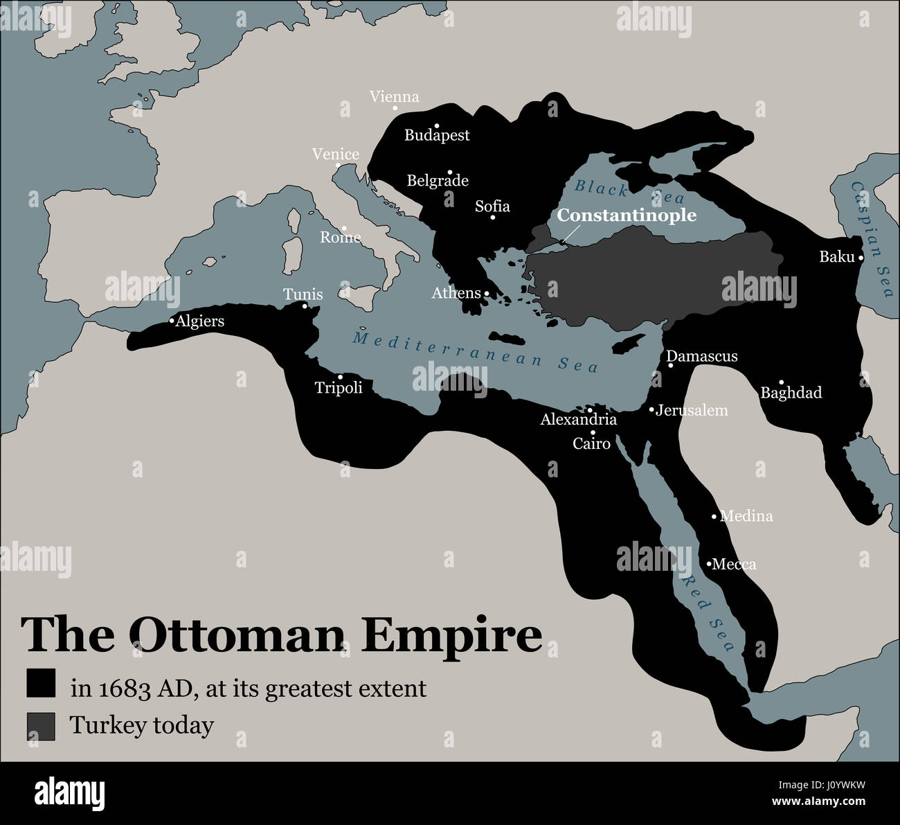 Heute die Türkei und das Osmanische Reich in seiner größten Ausdehnung 1683 - History Karte Gebiet Expansion und militärische Übernahme. Stockfoto