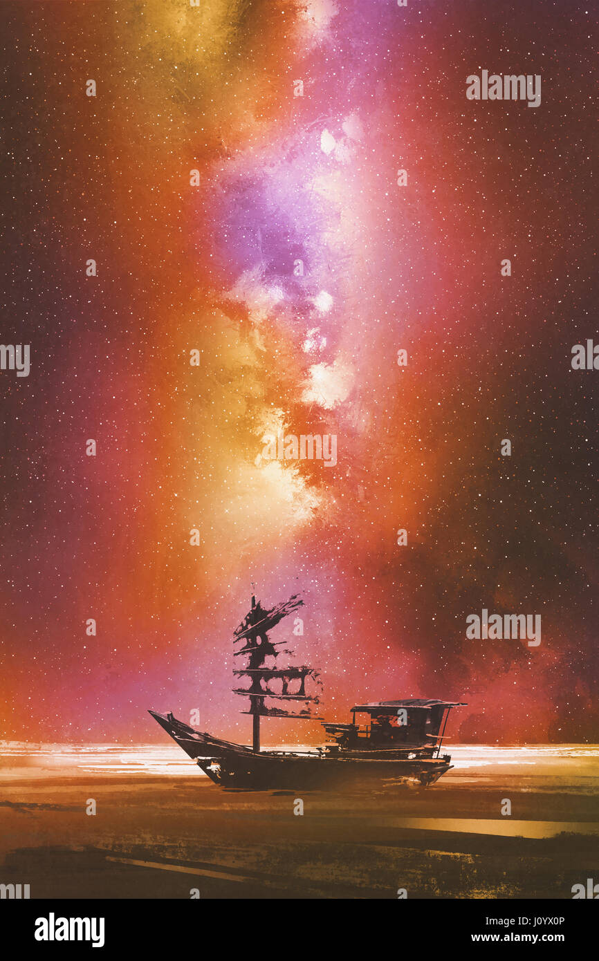 schöne Landschaft der das verlassene Boot gegen stary Himmel mit Milky Way, Illustration, Malerei Stockfoto