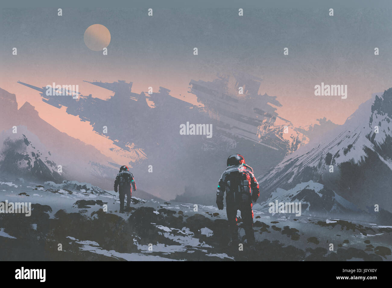 Sci-Fi-Konzept der Astronauten zu Fuß zum verlassenen Raumschiff auf fremden Planeten, Illustration, Malerei Stockfoto