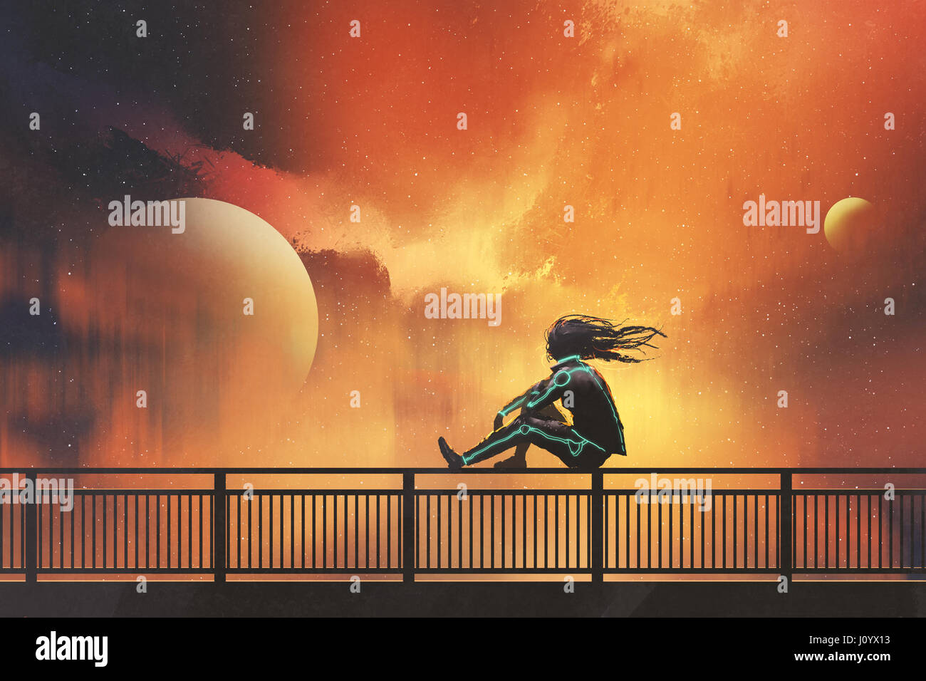 Frau in futuristischen Anzug sitzt auf dem Geländer, Blick auf schönen Nachthimmel, Illustration, Malerei Stockfoto