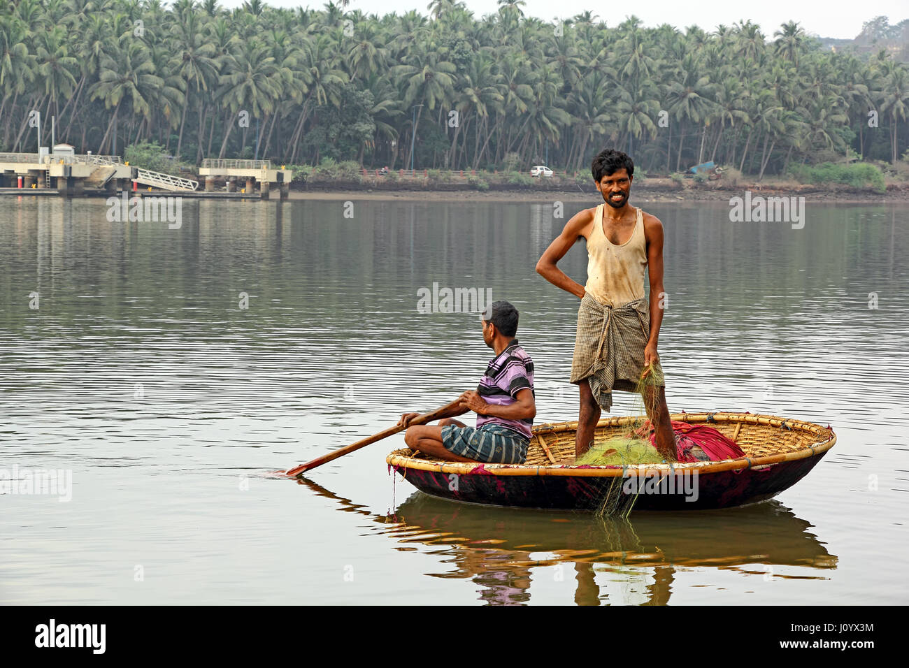 Lokale Fischer in Coracle abrufen die Falle net gelegt am Vorabend für den Fang von Fischen im Mandovi Fluss in Alt-Goa, Indien. Nur zur redaktionellen Verwendung. Stockfoto