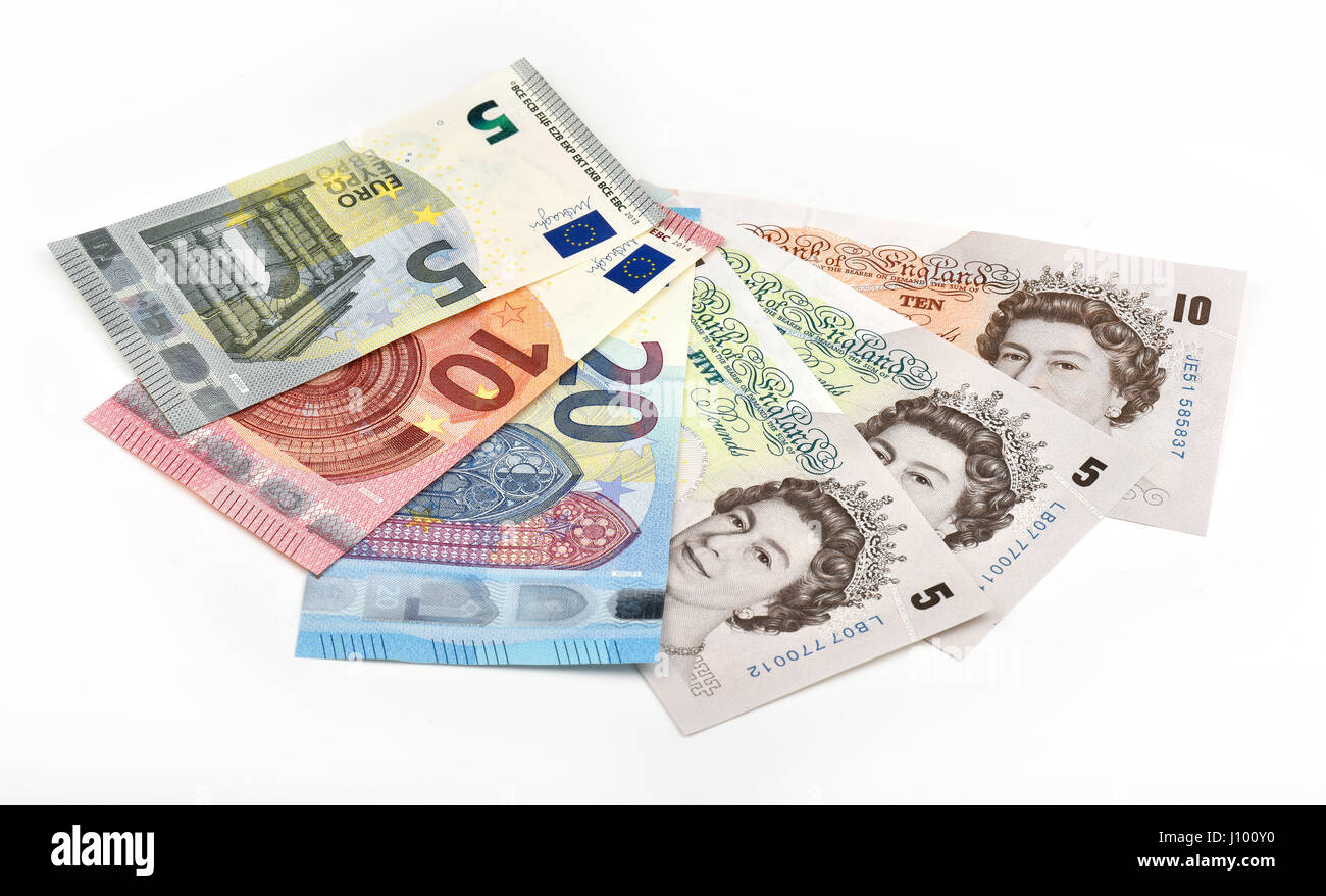 Lüfter mit Euro und Pfund sterling Stockfoto