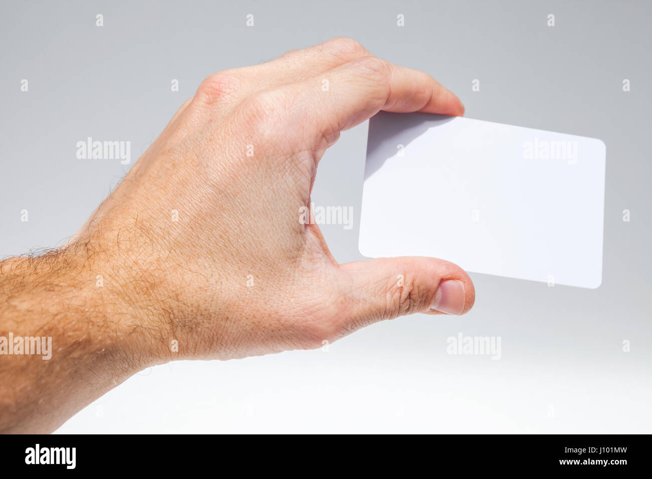Männliche Hand mit weiße leere Karte über grauen Hintergrund Nahaufnahme Foto, selektiven Fokus Stockfoto