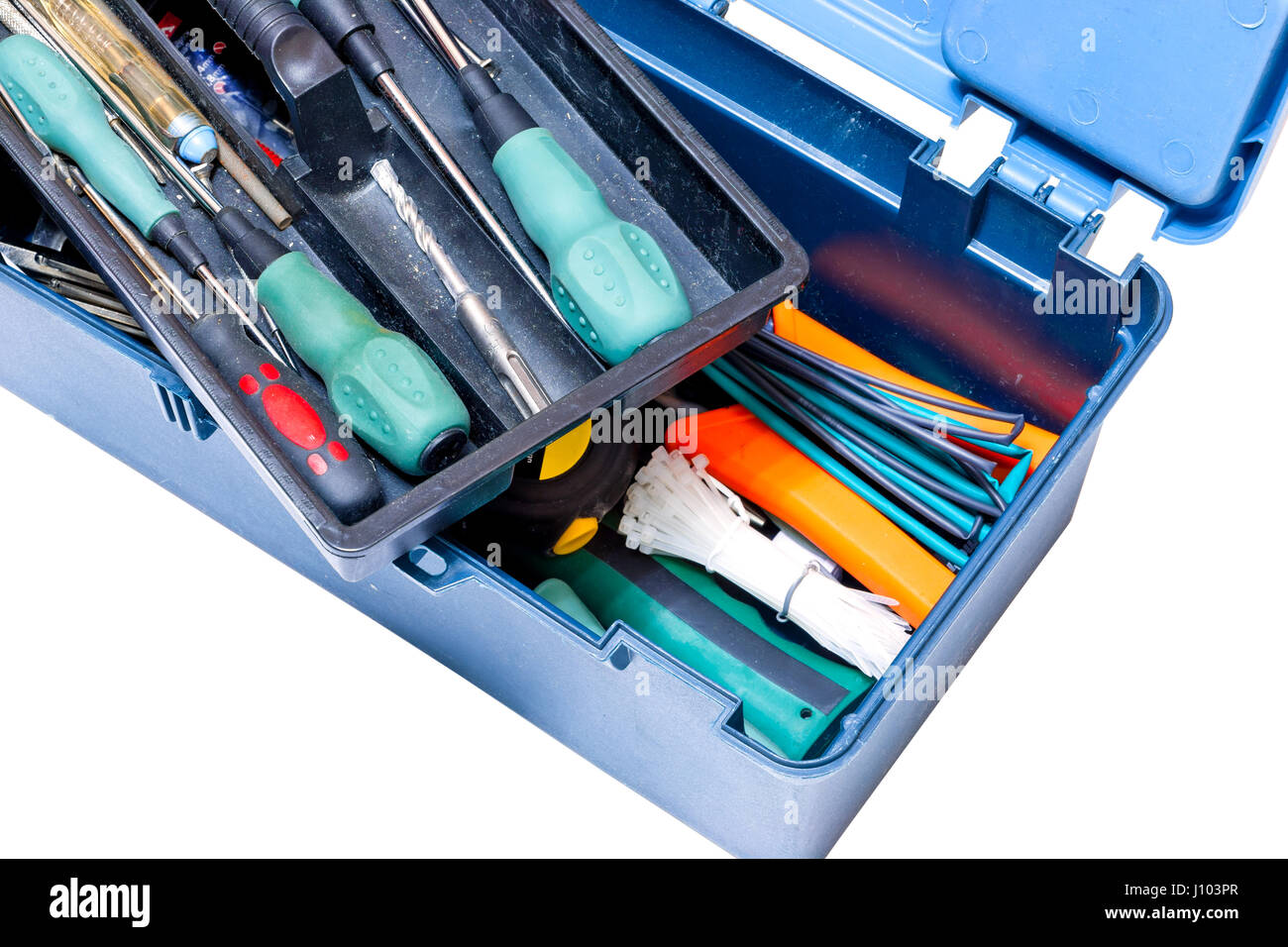 Blaues Feld mit Werkzeuge Schraubendreher, Bohrer, Hammer, Maßband auf weißem Hintergrund. Isoliert Stockfoto