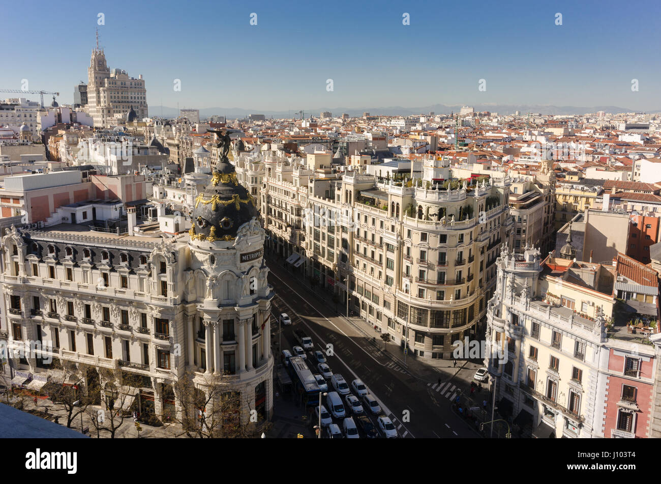 Dachterrasse Blick von der Circulo de Bellas Artes in Madrid, Spanien Stockfoto
