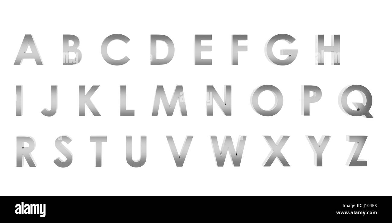 3D Rendering Edelstahl englische Alphabet ein bis z isoliert auf weißem Hintergrund, Schneidepfad innen Stockfoto