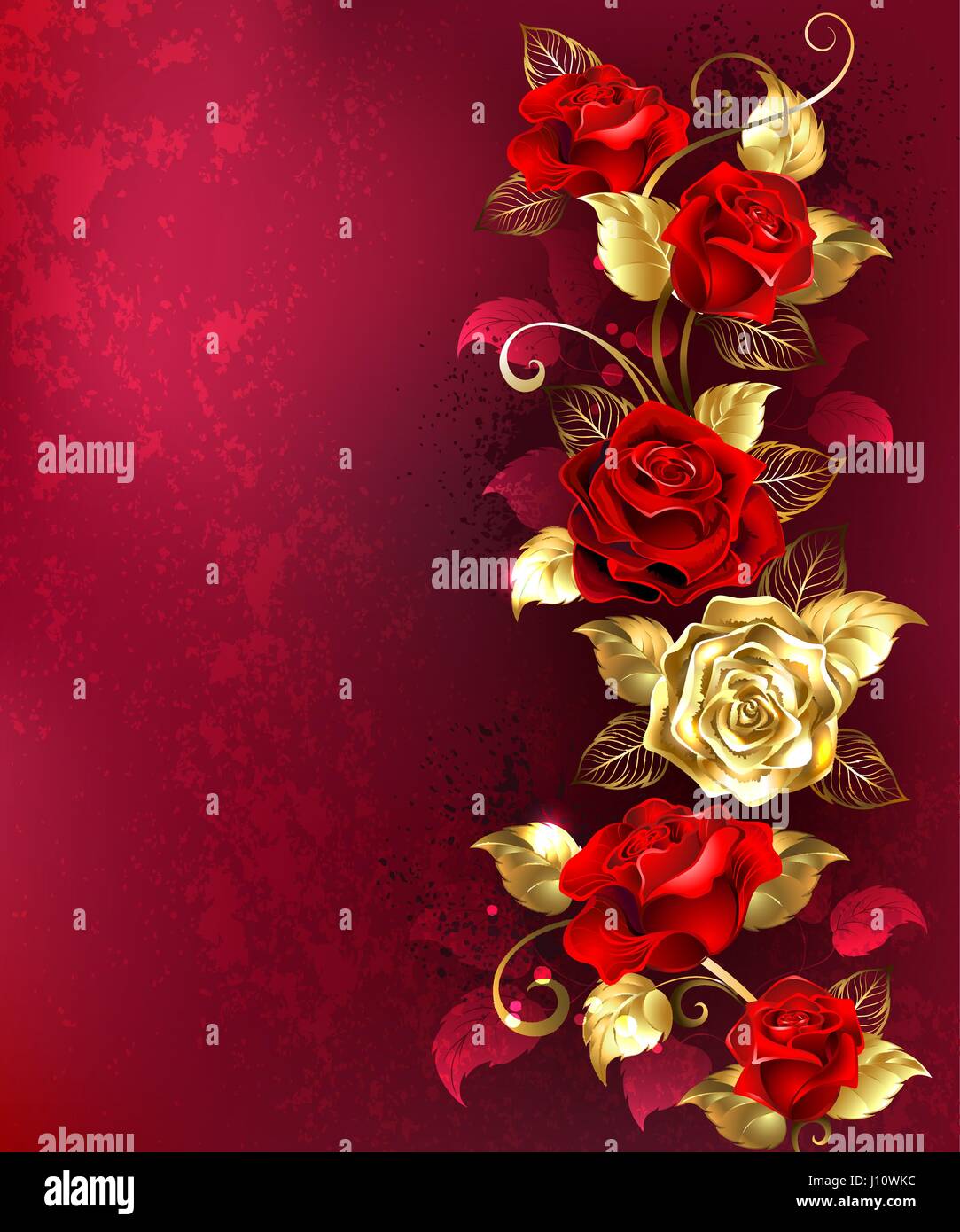 Vertikale Zusammensetzung von rot und gold Schmuck Rosen mit Blattgold auf einen roten strukturierten Hintergrund. Design mit goldenen Rosen. Stock Vektor