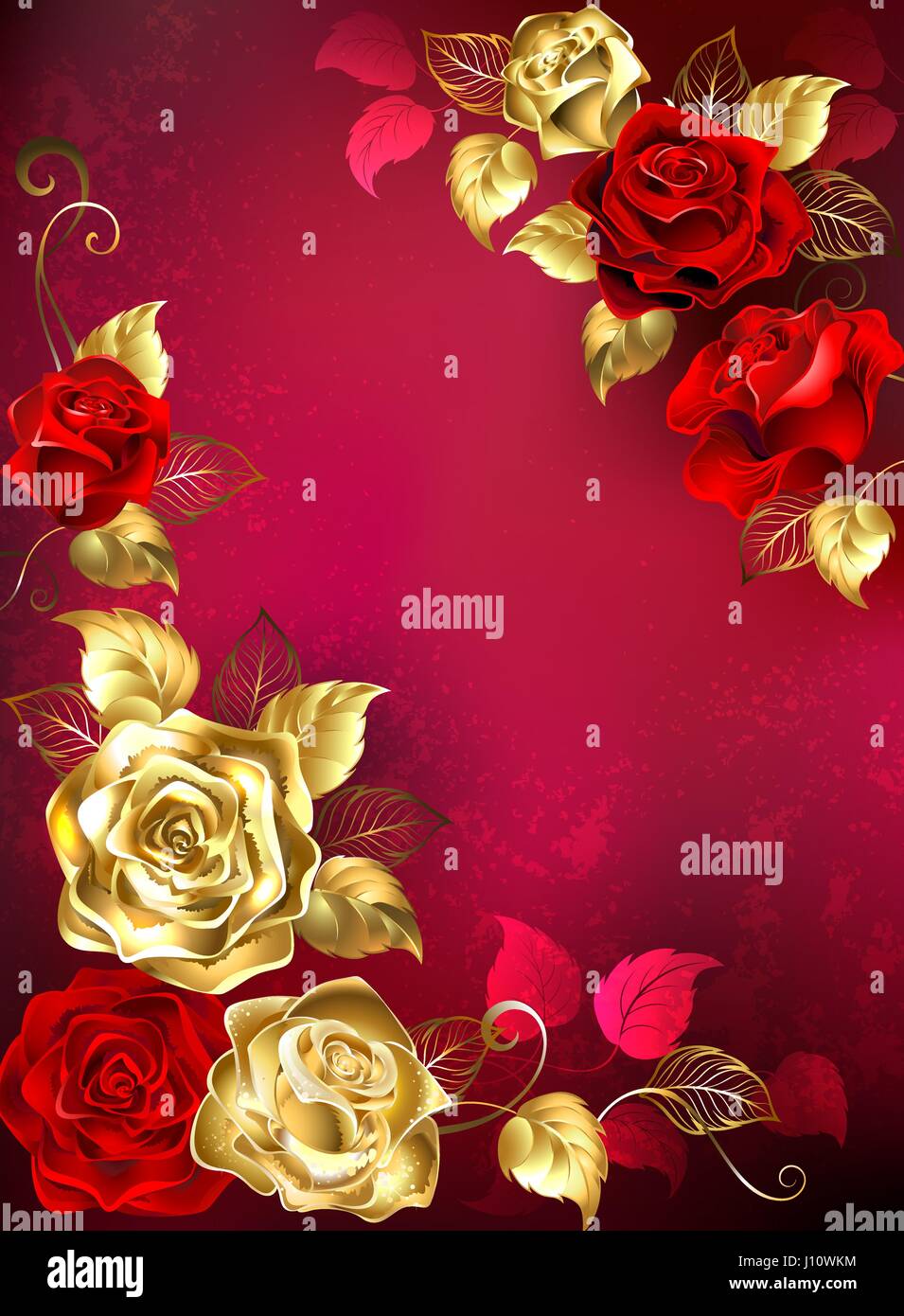 Grußkarte mit roten und goldenen Schmuck Rosen mit Gold Blätter auf einen roten strukturierten Hintergrund. Design mit goldenen Rosen. Stock Vektor