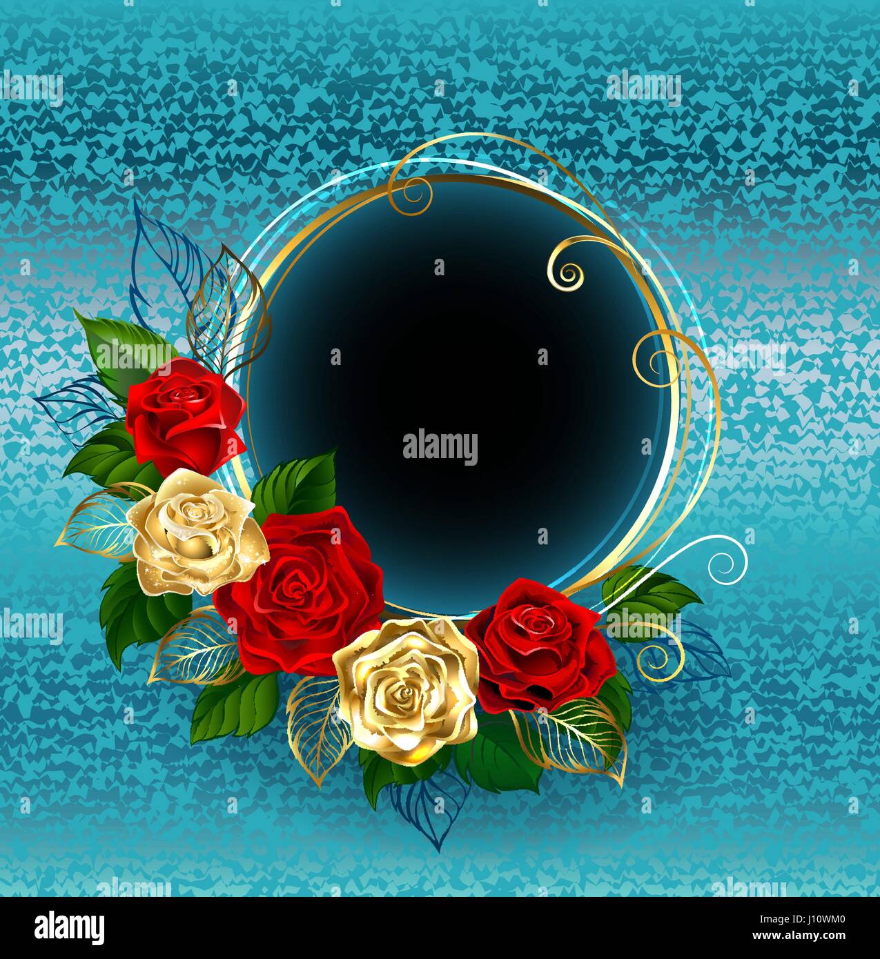 Runde Banner mit gold und rote Rosen auf einem blauen Brokat-Hintergrund. Design mit Rosen. Goldene Rose. Stock Vektor