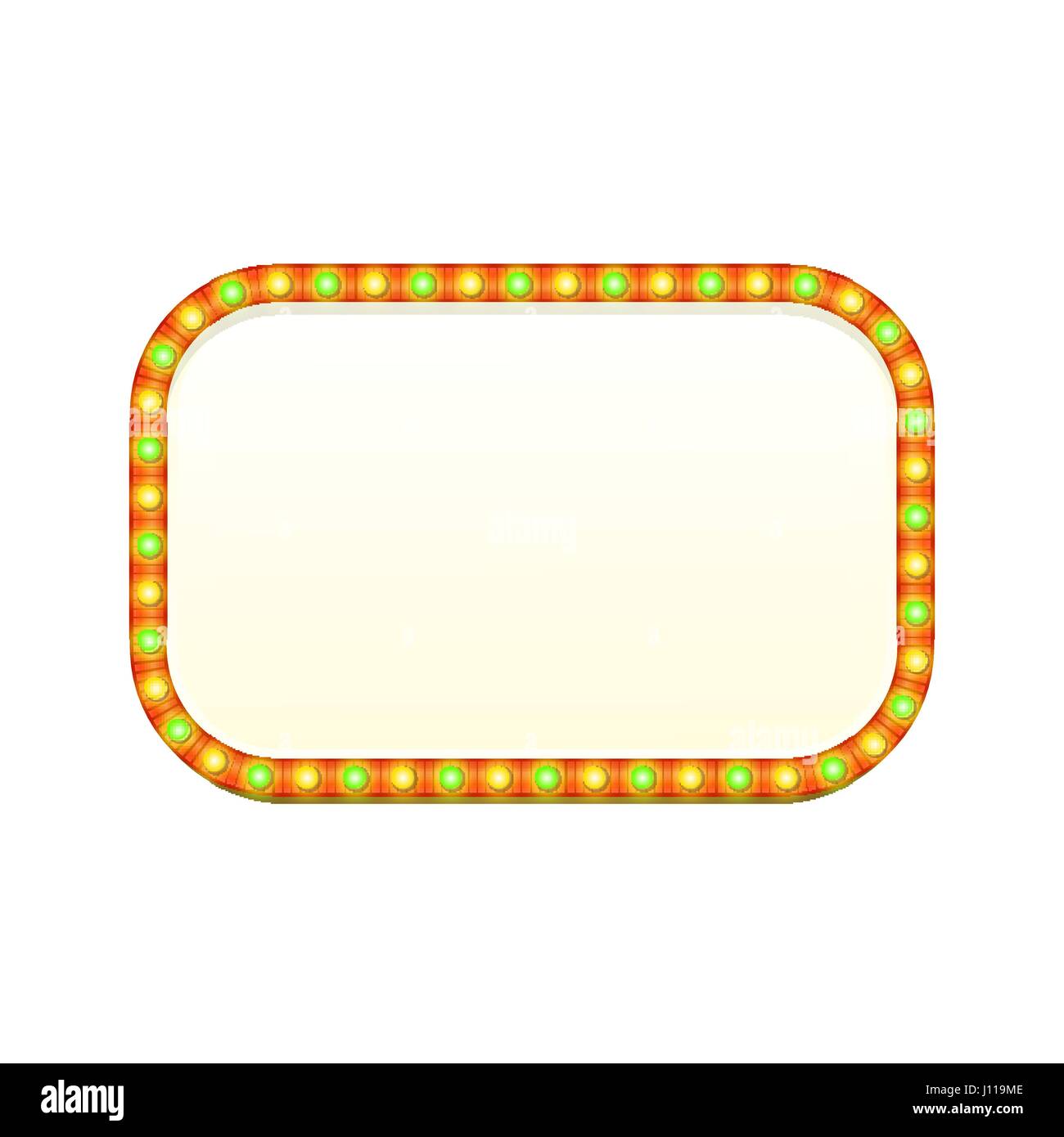 Leere 3d rechteckige Retro-leichte Banner mit leuchtenden Lichter. Rotes Schild mit grünen und gelben Birnen und leeren Platz für Text. Vintage Straße Schild. Werbung-Frame. Bunte Vektor-Illustration. Stock Vektor