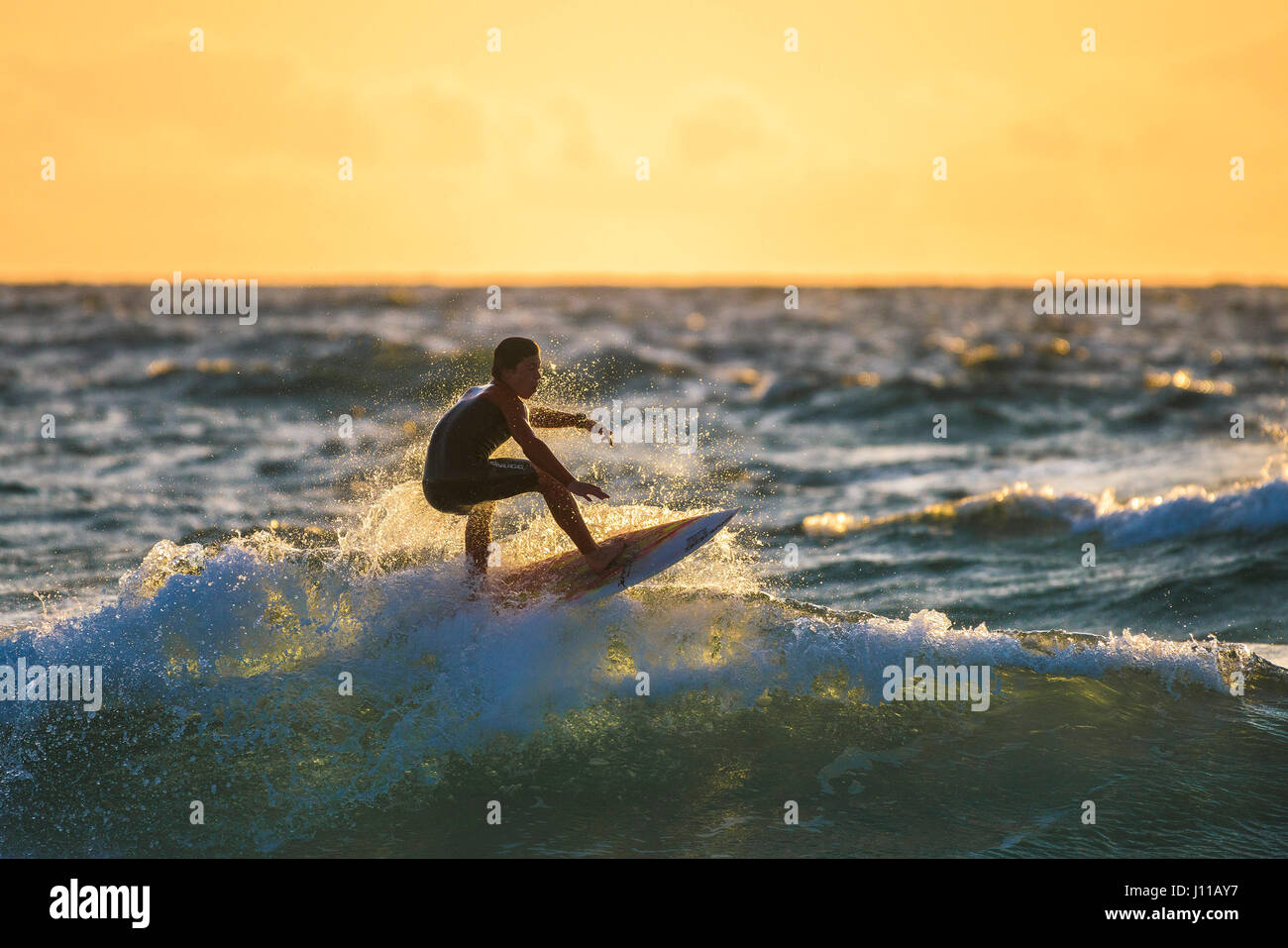 Surfen-UK; Surfer; Fistral; Cornwall; Am Abend; Abendlicht; Sonnenuntergang; Untergehenden Sonne; Spray; Welle; Surfbrett; Meer; Watersport; 'Nabend Stockfoto