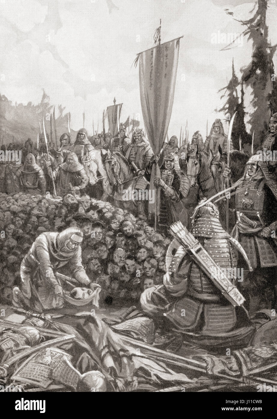 Vierzig tausend Köpfe zu Tokugawa Ieyasu brachte nach der Schlacht von Sekigahara im Jahr 1600. Tokugawa Ieyasu, 1543 - 1616. Gründer und ersten Shogun des Tokugawa Shogunats von Japan. Nach dem Gemälde von S.M. Burton. Von Hutchinson's Geschichte der Nationen, veröffentlicht 1915 Stockfoto