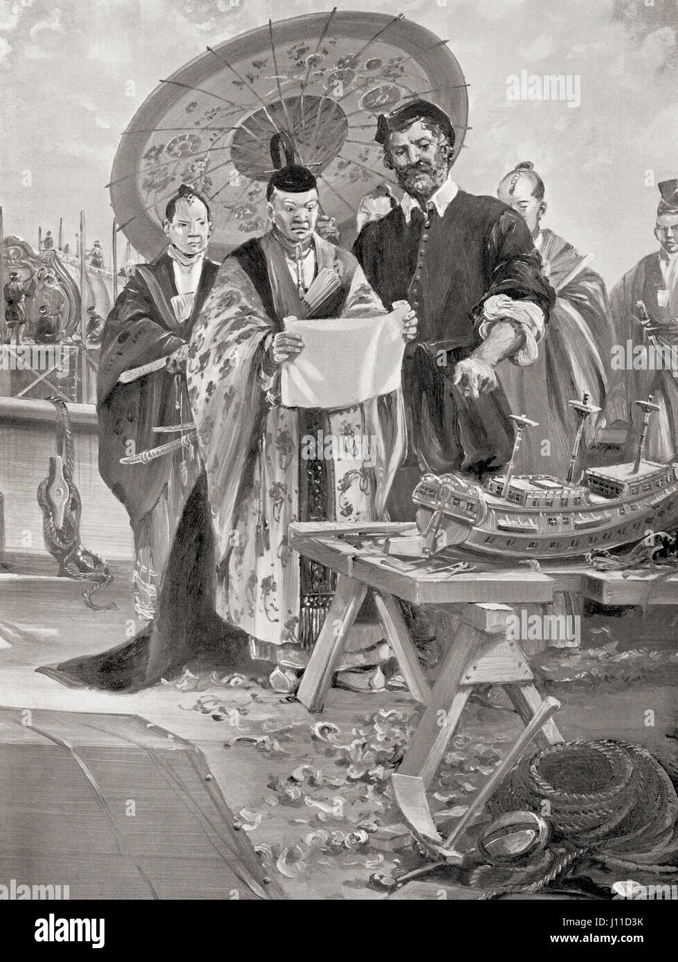 Will Adams baut Schiffe für die Shogun Tokugawa Ieyasu. Tokugawa Ieyasu, 1543 – 1616. Gründer und erster Shogun des Tokugawa-Shogunats von Japan. William Adams, 1564 – 1620, auf Japanisch als Miura Anjin (der Pilot von Miura) bekannt. Englischer Navigator, der als erster seiner Nation Japan während einer fünf-Schiffe-Expedition für die Dutch East India Company erreichte. Aus Hutchinson's History of the Nations, veröffentlicht 1915 Stockfoto