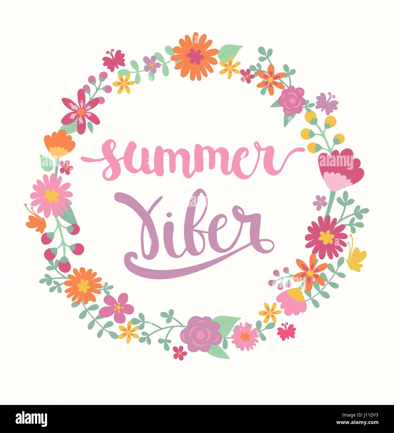 Sommer-Viber Schriftzug in floral Kreis. Vektor-Illustration. Stock Vektor