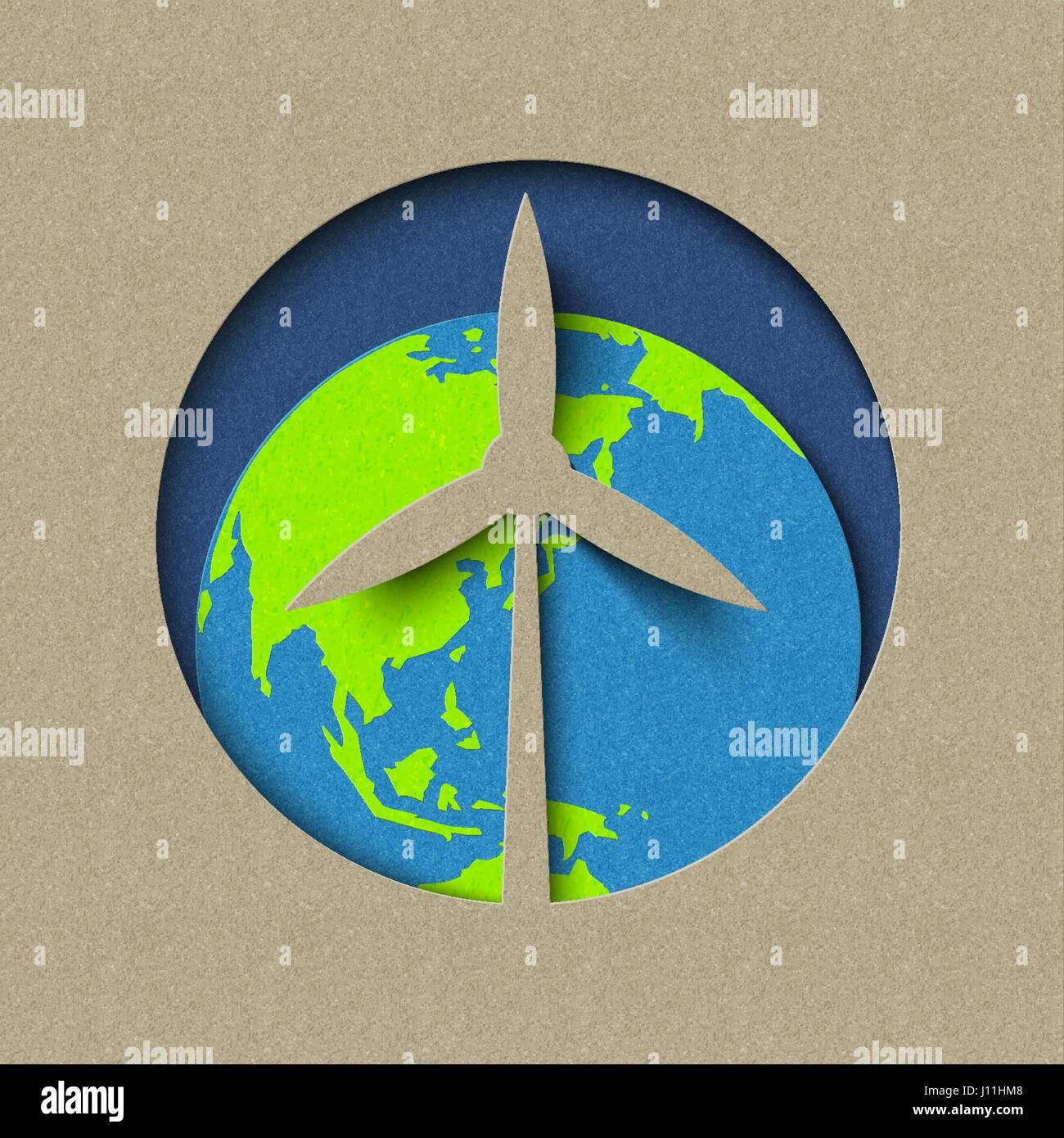 Erde Scherenschnitt Tag-Konzept für grüne Mühle Windenergie und Naturschutz. Welt Umwelt Pflege Abbildung. EPS10 Vektor. Stock Vektor