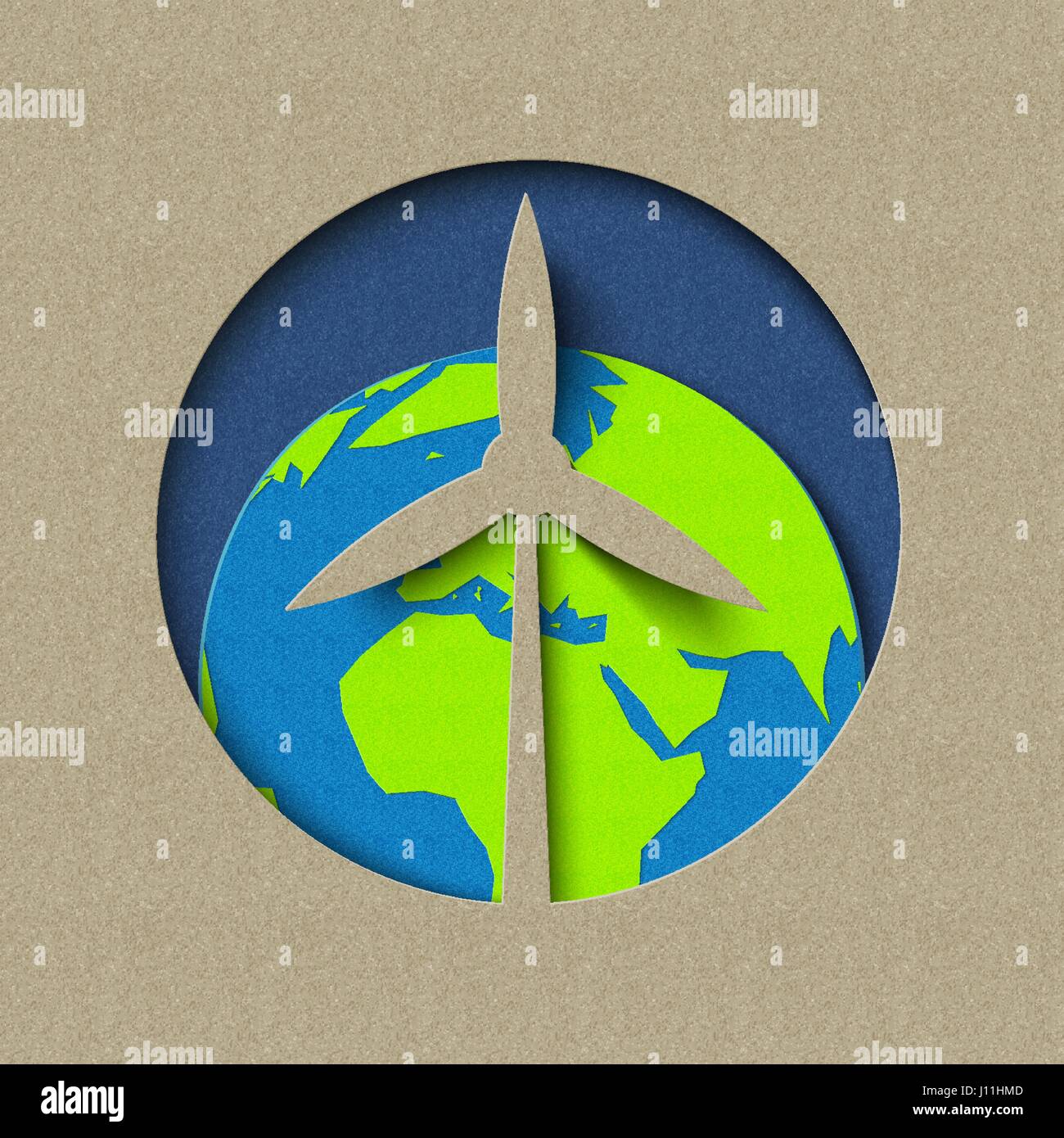 Erde Scherenschnitt Tag-Konzept für grüne Mühle Windenergie und Naturschutz. Welt Umwelt Pflege Abbildung. EPS10 Vektor. Stock Vektor