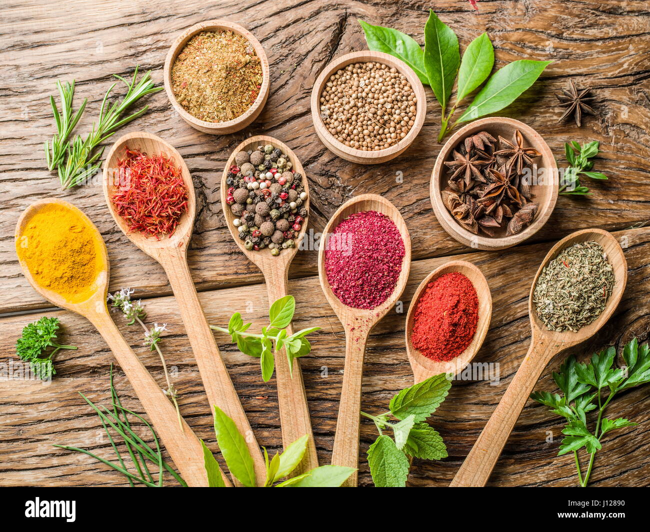 Sortiment von Gewürzen in den Kochlöffel. Stockfoto