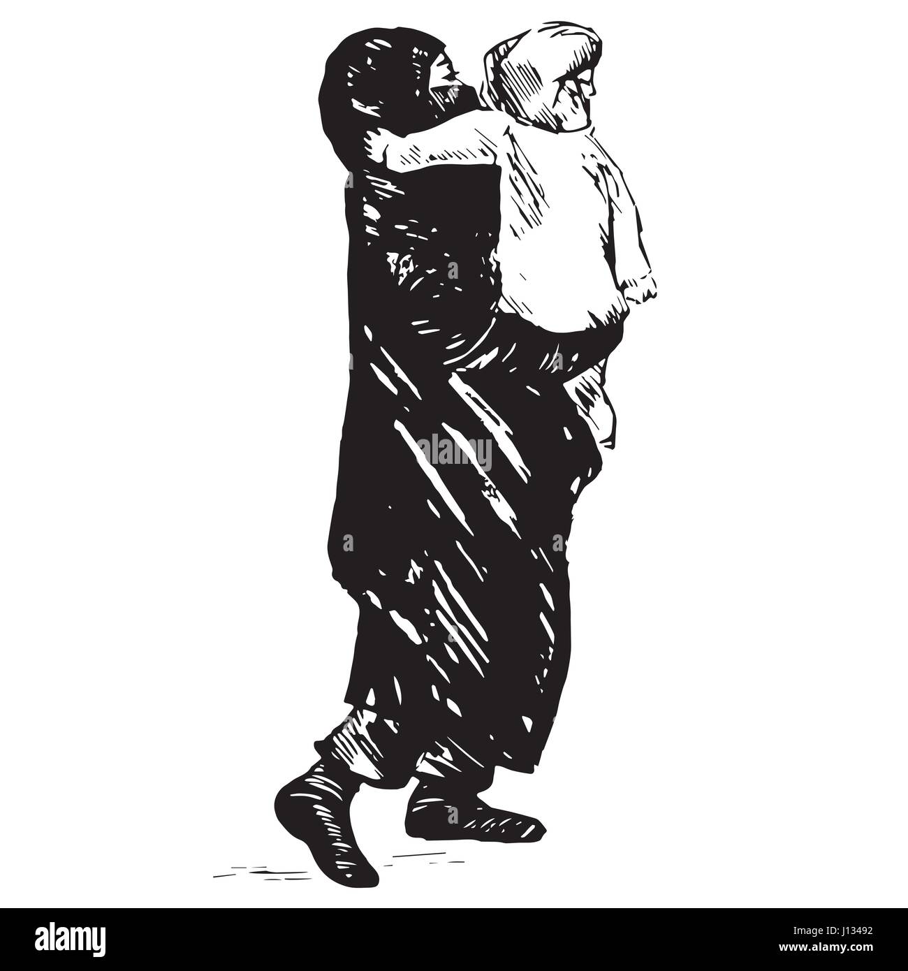 Muslimische Mutter in schwarzen Burka mit Kind in die Hände gehen, schwarz / weißen isolierten Hand gezeichnet Vektor-Illustration in Tusche-Zeichnung Pop-Art Stil Stock Vektor