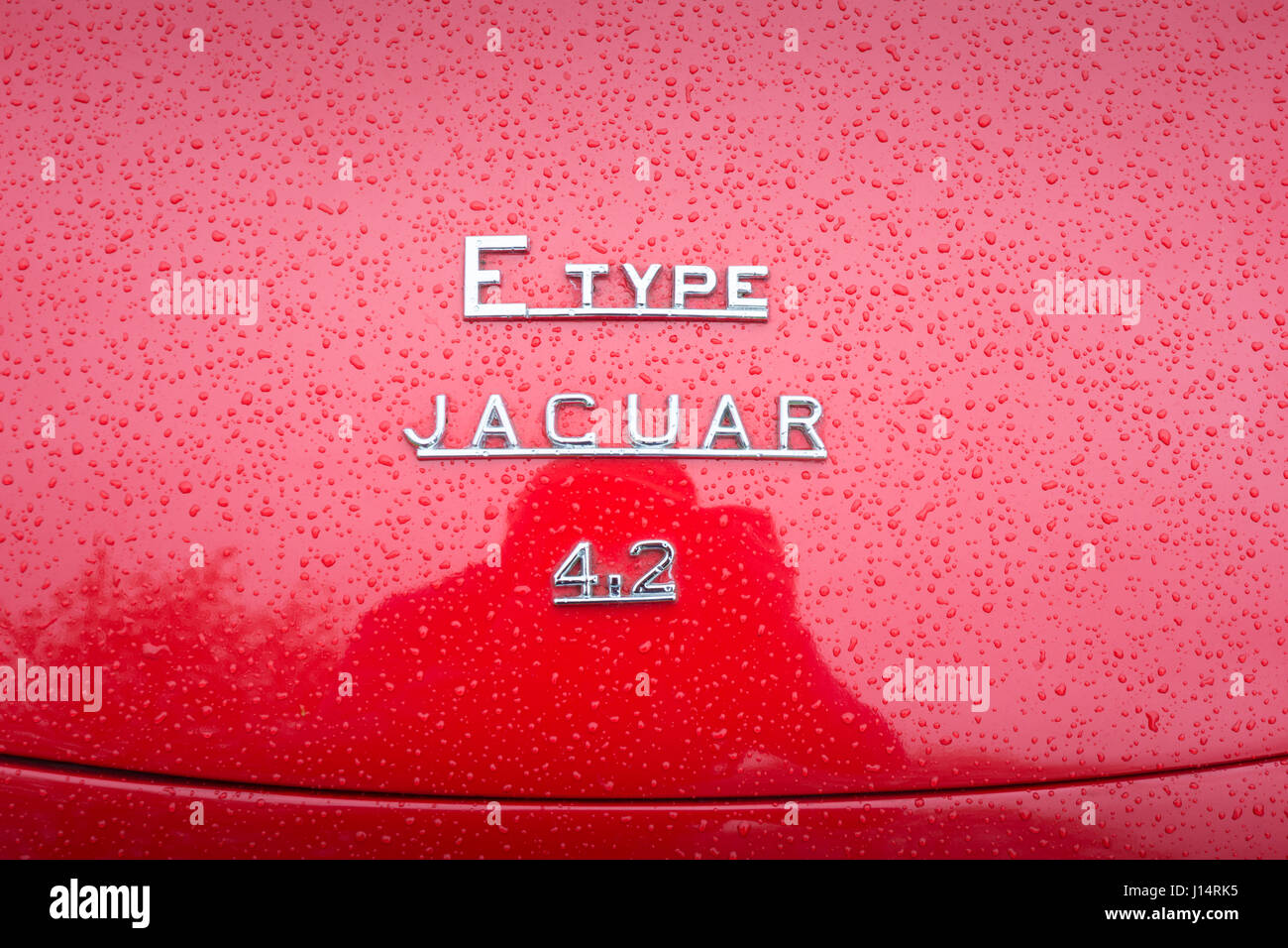 Motorhaube und Marke einer roten e Typ Jaguar Auto Auto classic Stockfoto