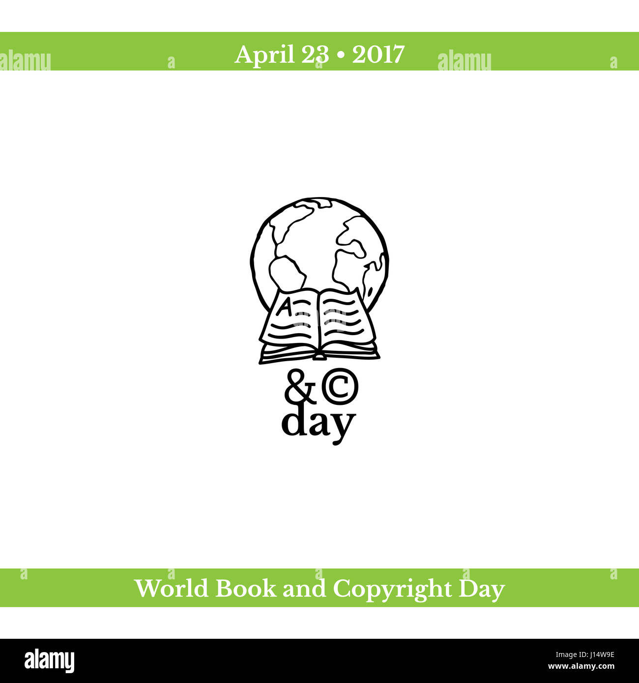 Welttag des Buches und Copyright-Tag, 23. April. Abbildung mit Globe, offenes Buch und copyright-Symbol. Handgezeichnete skizzenhaften Abbildung Stockfoto