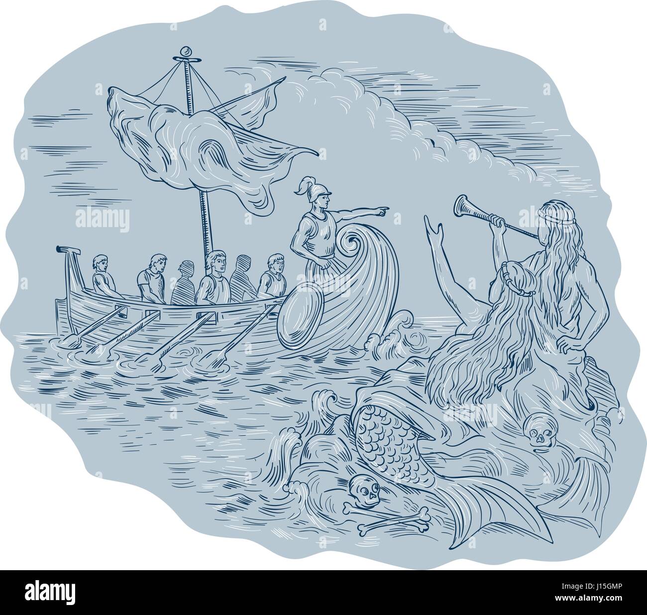 Zeichnung Skizze Stil Illustration aus einem griechischen Tiireme Navigator zeigt und Sirenen, die Berufung auf sie winken sind zu vermeiden. Stock Vektor