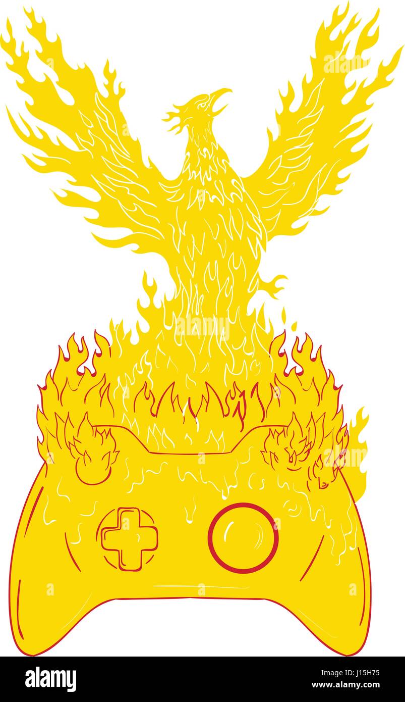 Zeichnung Skizze Stil Abbildung eines Phönix, Blick auf die Seite von feurigen Flammen aufsteigen, hob für Flug über game-Controller am Flügel ist Stock Vektor