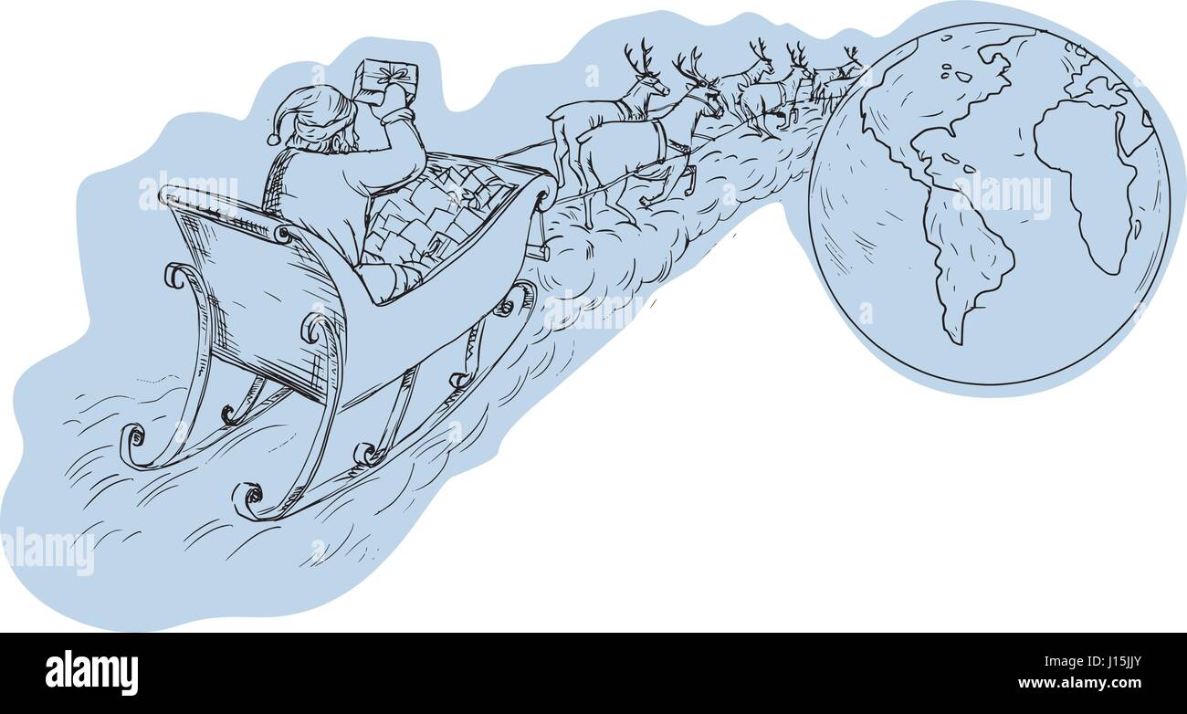 Von hinten betrachtet Zeichnung Skizze Stil Abbildung von Santa auf einem Schlitten mit Rentieren liefert Geschenke Aournd der Welt. Stock Vektor
