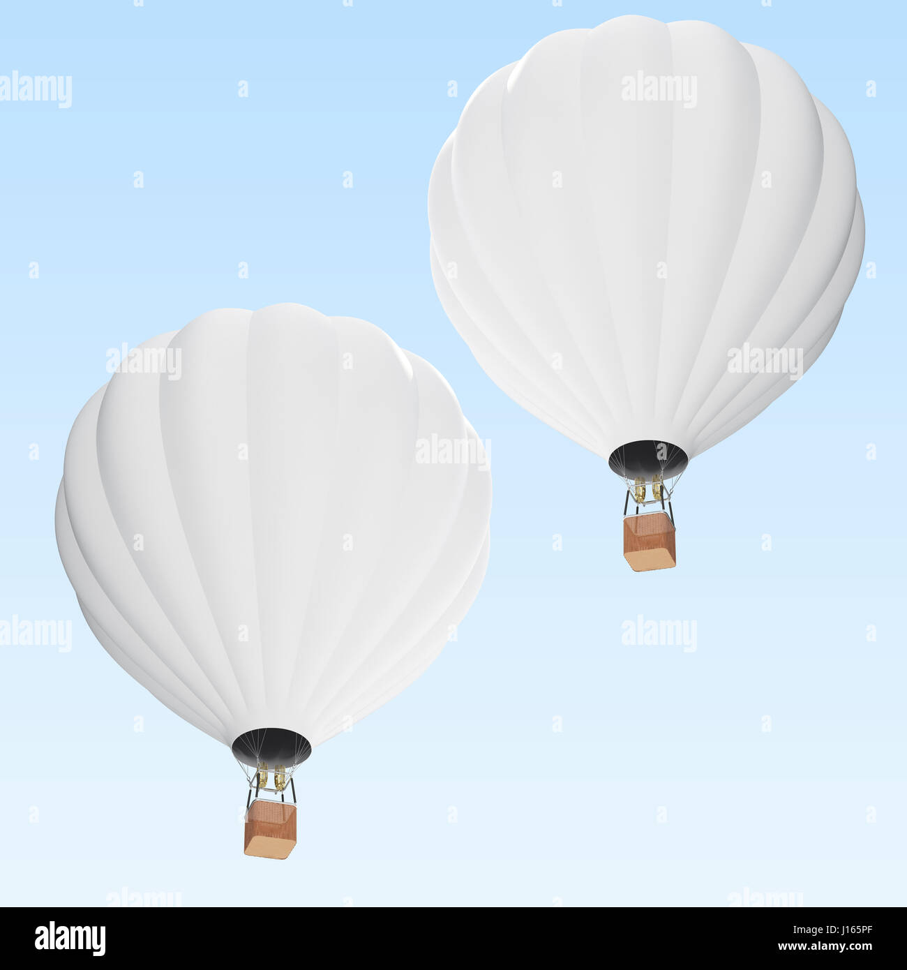 Weiße Heißluftballon auf Wolken Hintergrund mit Korb. 3D-Rendering Stockfoto