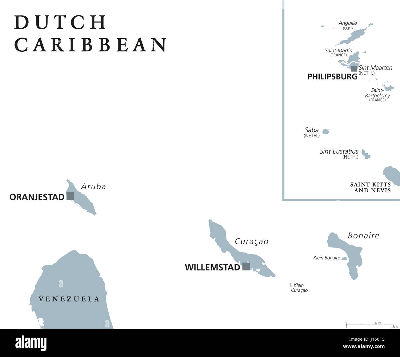 Niederländische Karibik politische Karte mit Aruba, Curaçao, Bonaire, Sint Maarten, Saba und Sint Eustatius. Ehemalige niederländische Antillen. Graue Abbildung. Stockfoto