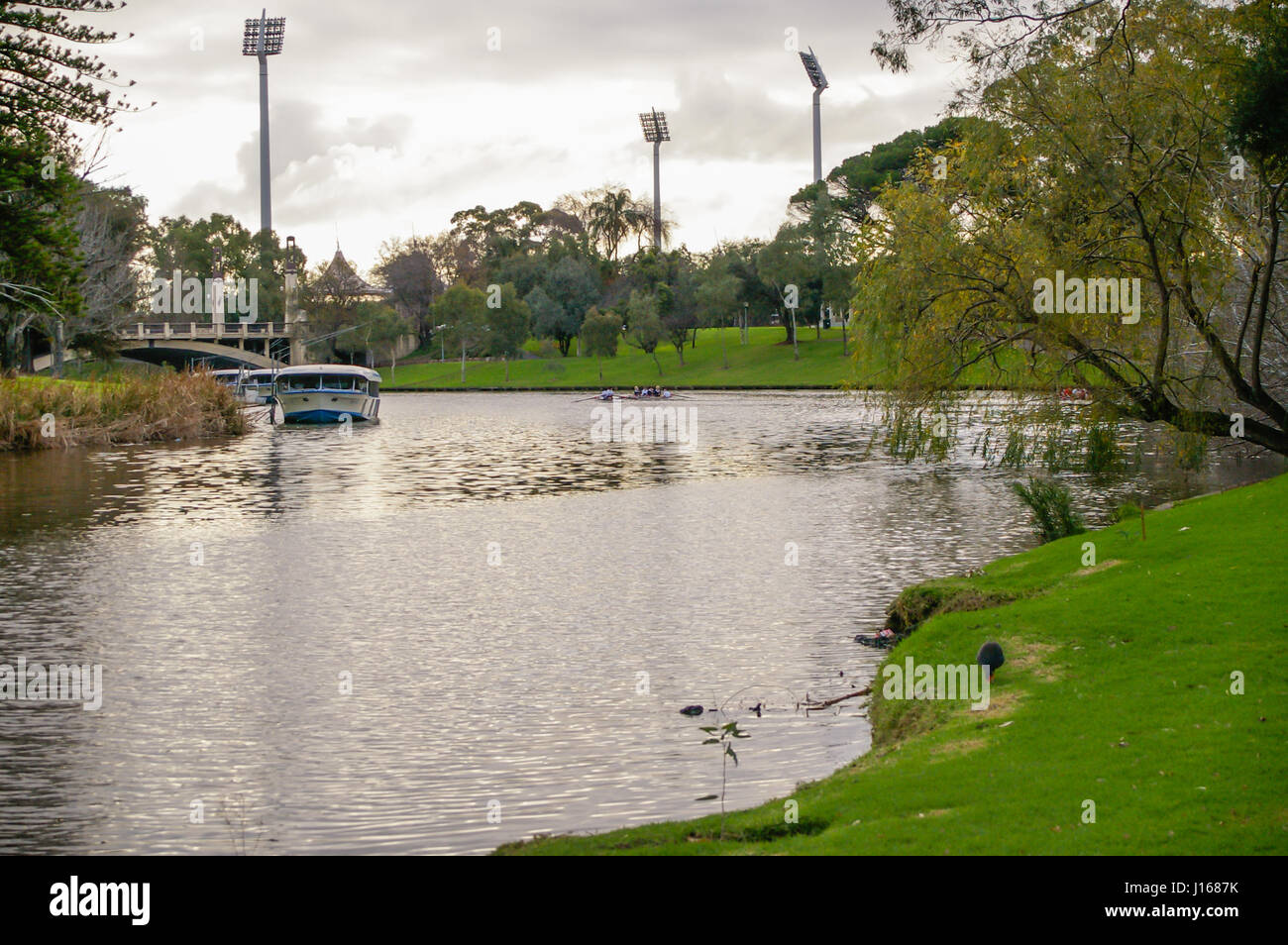 Adelaide River Torrens an einem lebhaften Morgen ist ein Ort, wo die Ruderer ihren Sport genießen können Stockfoto