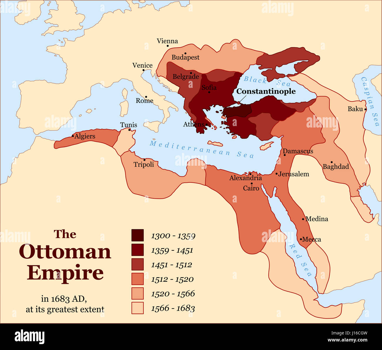 Türkische Geschichte - The Ottoman Empire at seine größte Ausdehnung 1683 - Übersichtskarte Territorium Expansion und militärische Übernahme. Stockfoto