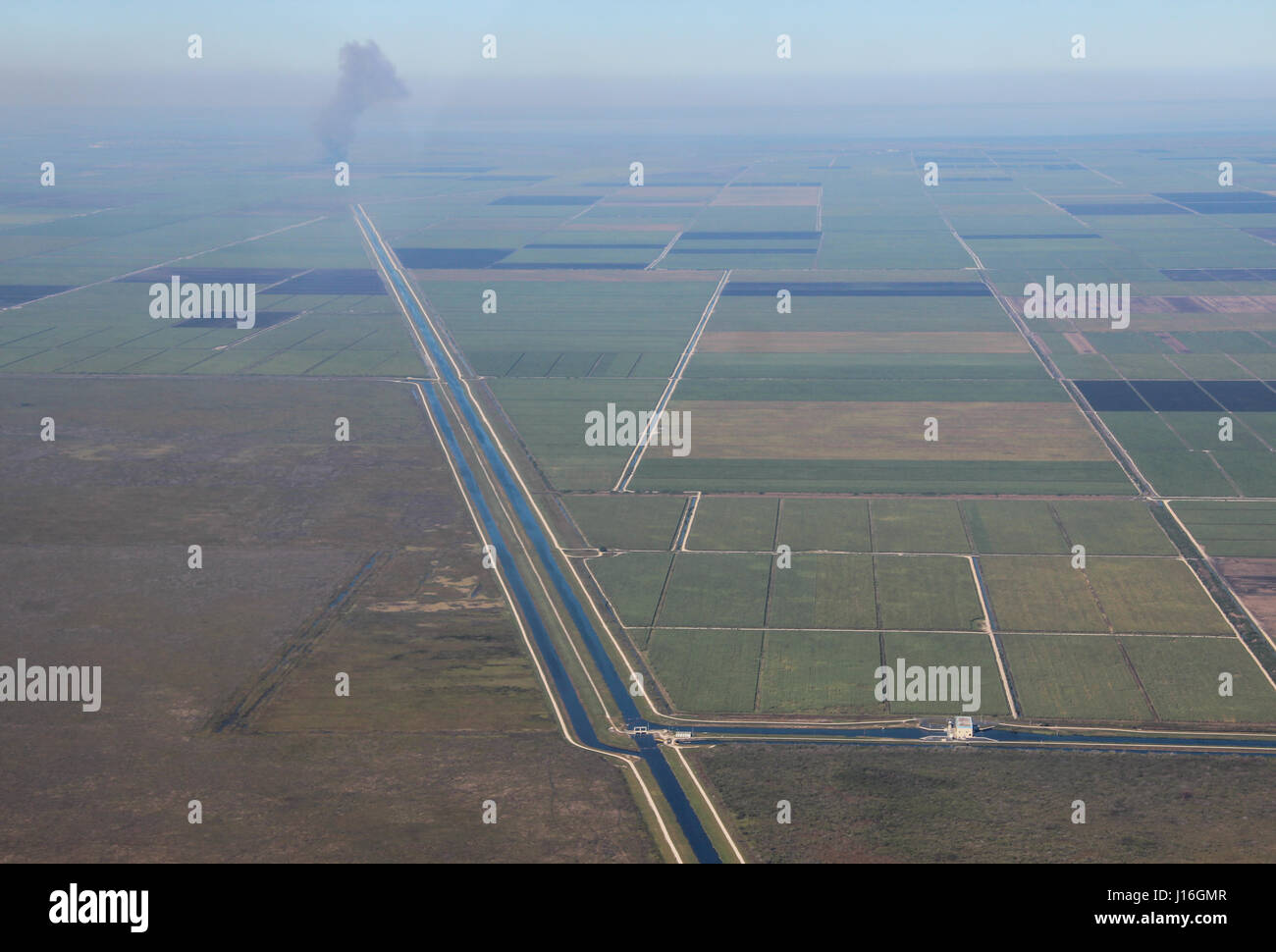 Luftaufnahme der Zuckerrohrfelder, Ackerland und Drainage-Kanäle im Agrarbereich Everglades, Florida Stockfoto