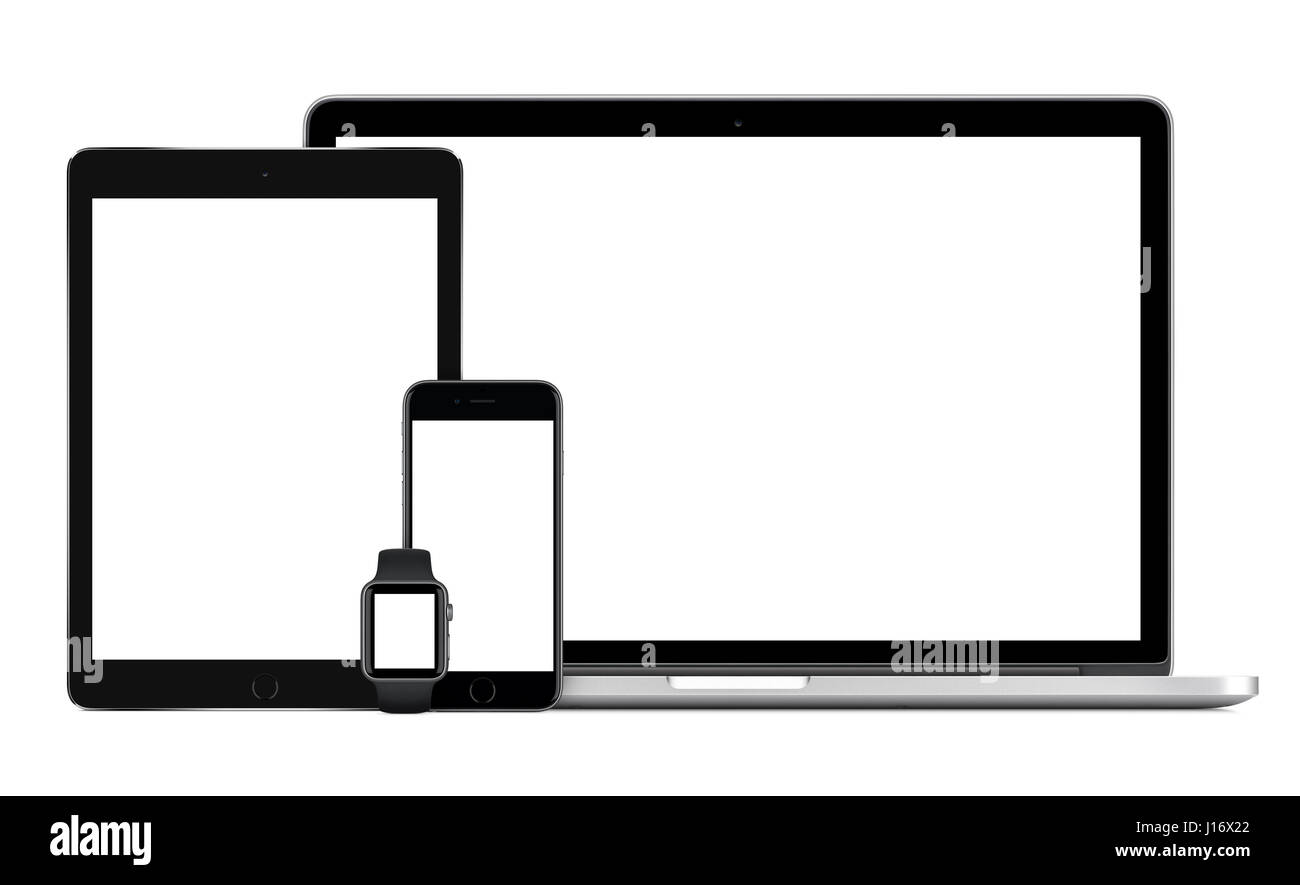 Ansprechende Vorlage bestehend aus Laptop mit schwarz Tablet-pc, mobile Smartphone und smart-Uhr. Isoliert auf weißem Hintergrund. Technologie-Reihe von devi Stockfoto
