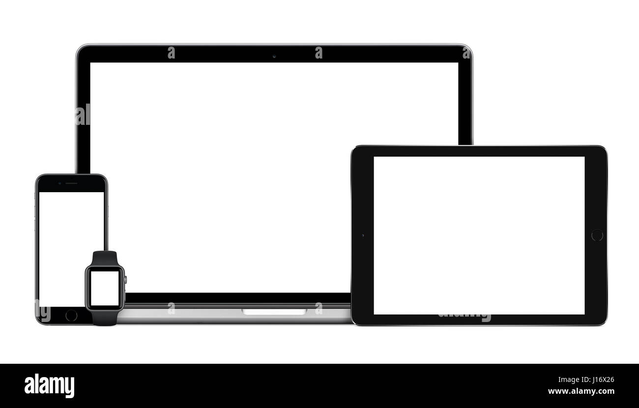 Reaktionsschnelle Gadgets set bestehend aus Laptop mit schwarz Tablet-pc, mobile Smartphone und smart-Uhr. Isoliert auf weißem Hintergrund. Technik Modell f Stockfoto