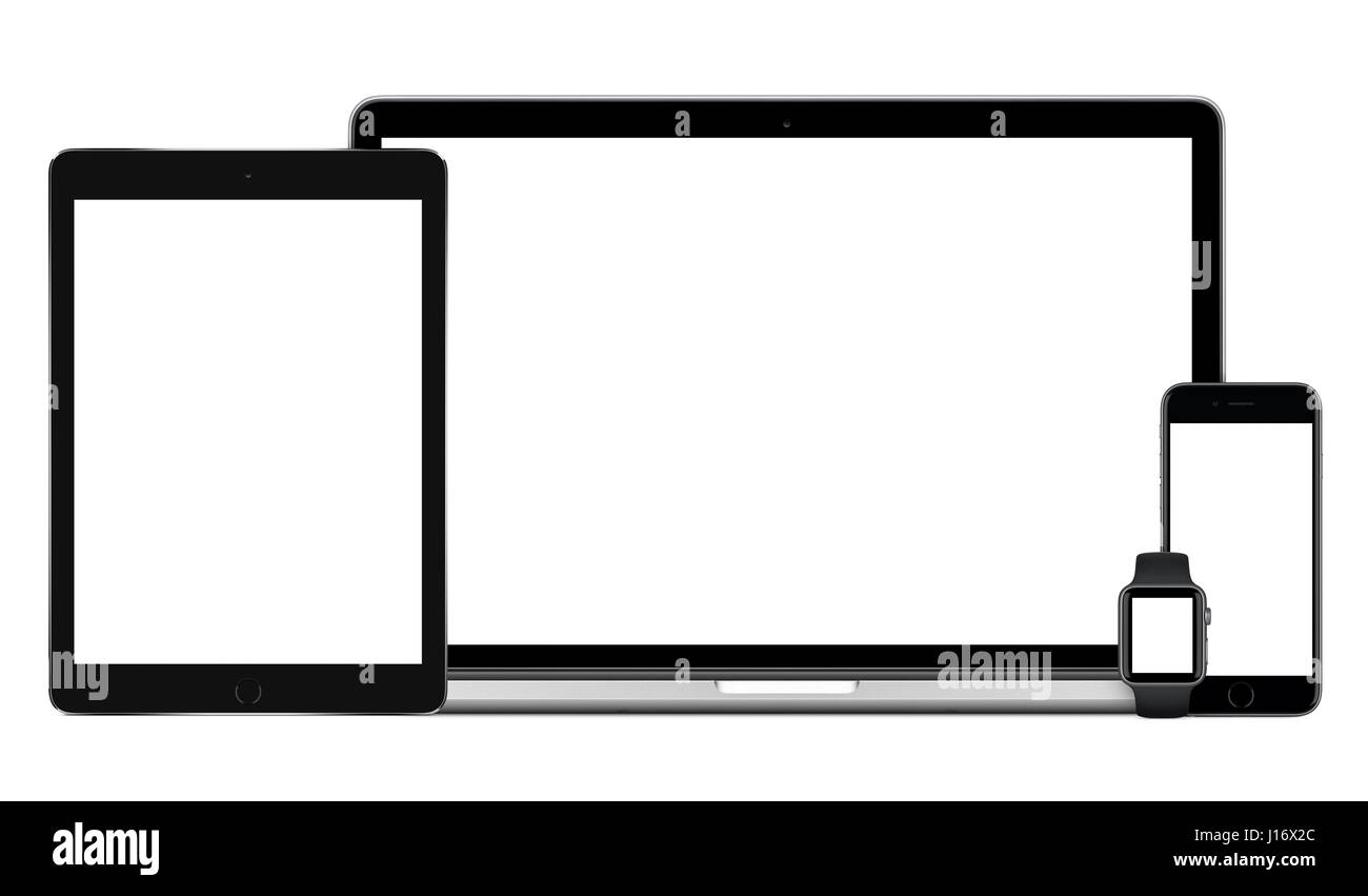 Ansprechende Multi Geräte Mock-up Set bestehend aus Laptop mit schwarz Tablet-pc, mobile Smartphone und Smartwatch. Isoliert auf weißem Hintergrund. Technologie Stockfoto