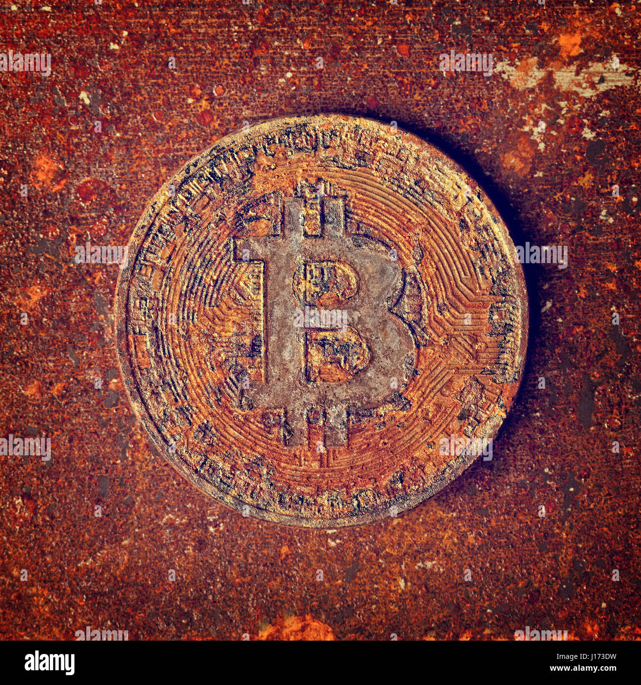 rostige Bitcoin Münze Dekadenz der virtuellen Zahlung System-Konzept Stockfoto