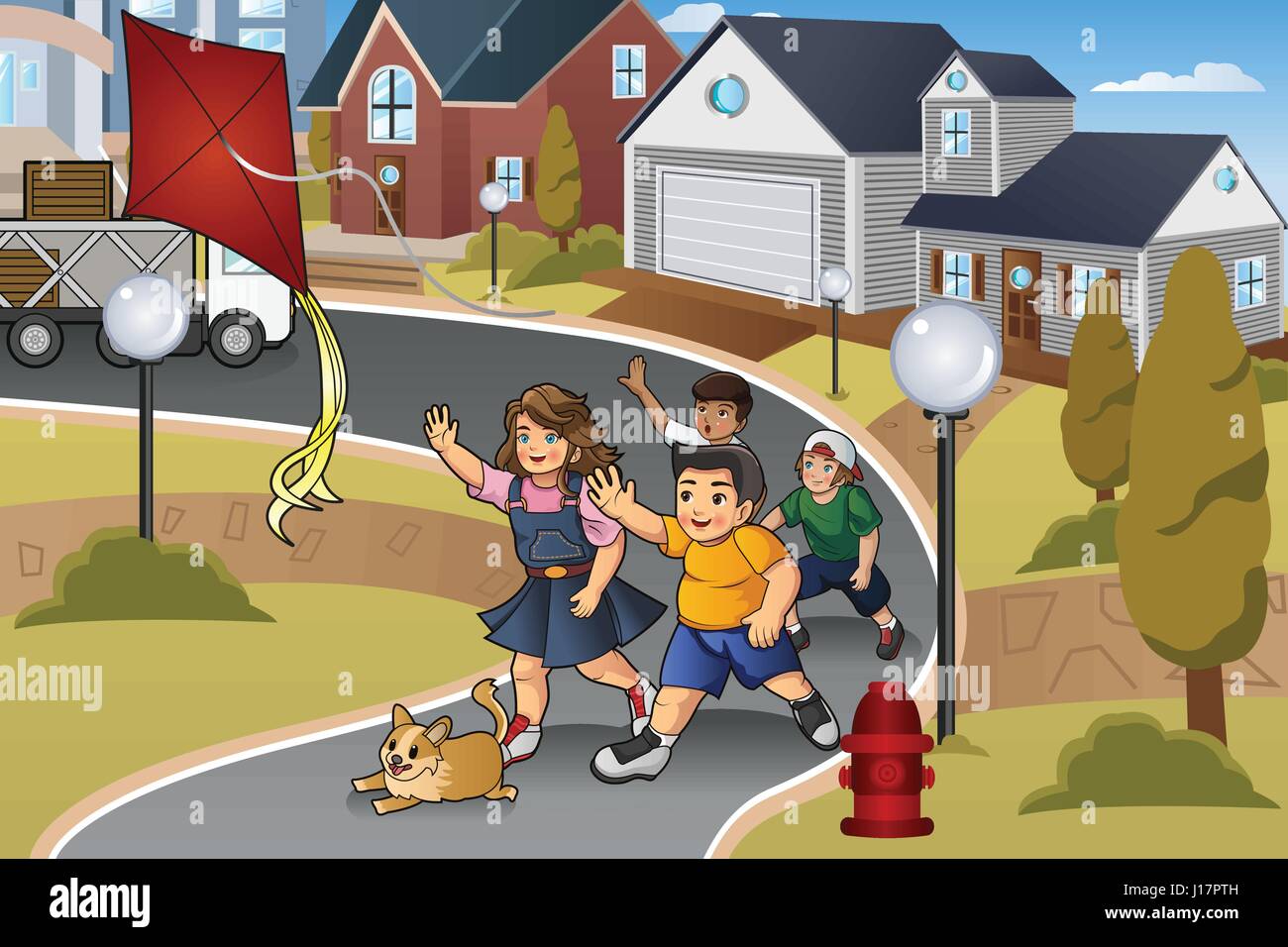Eine Vektor-Illustration von Kindern, die Jagd nach einem verlorenen Drachen in der Nachbarschaft Stock Vektor